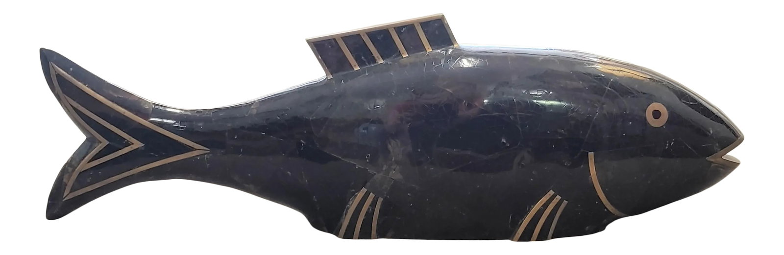 Late 20th Century Maitland-Smith Tesselated Horn Coy Fish Figure: Here's a fine piece of workmanship by Maitland-Smith. This sculptural coy fish figure is made from tesselated horn with brass accents. If you want eye catching decor, this surely meets the criteria. C
