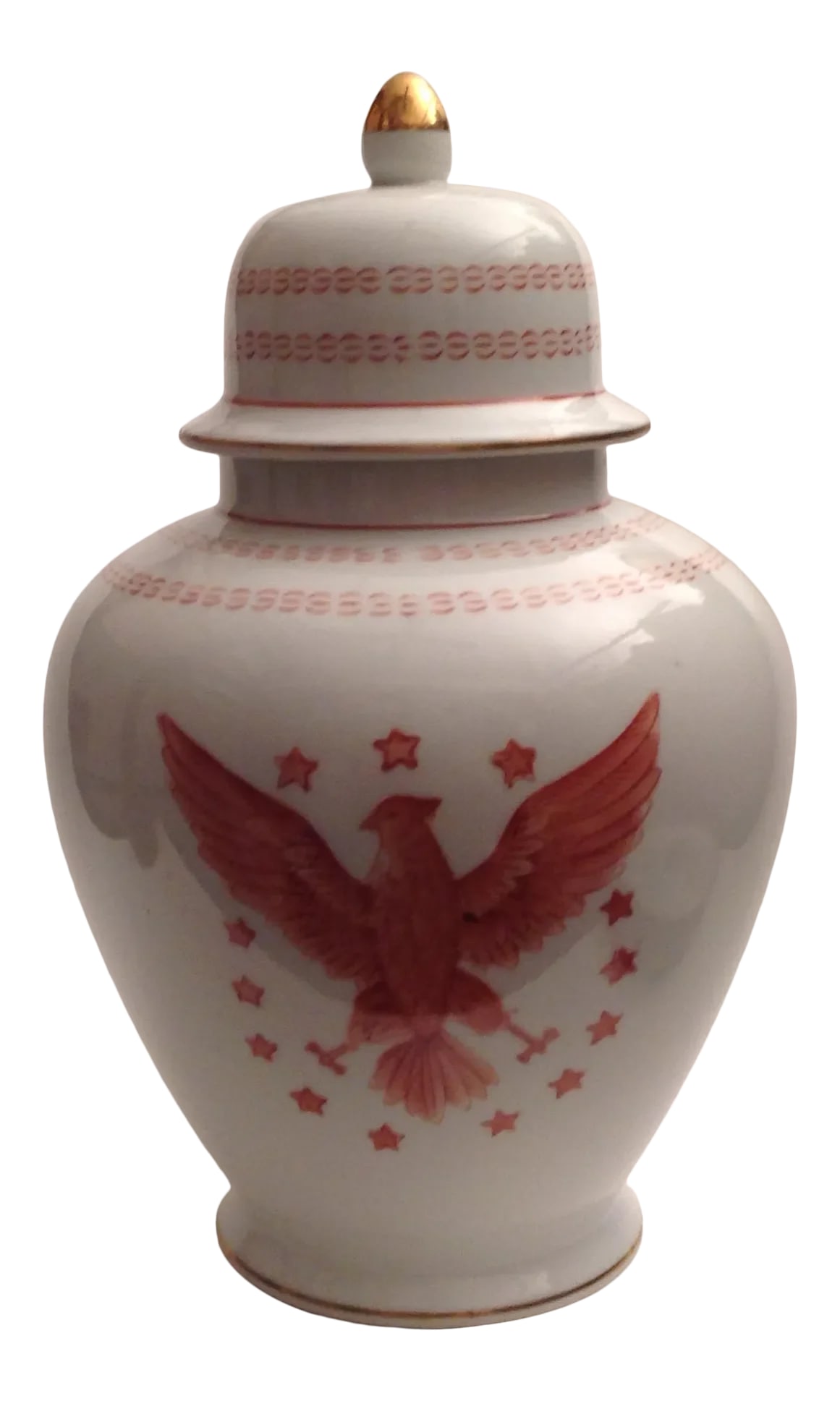 Vintage Ethan Allen American Chinoiserie Eagle Ginger Jar: This is a stunning piece of retro American Chinoserie. The form, of course, is a Chinese Ginger Jar. The brand, is an American superior purveyor of Traditional American Interiors, Ethan Allen. The mak