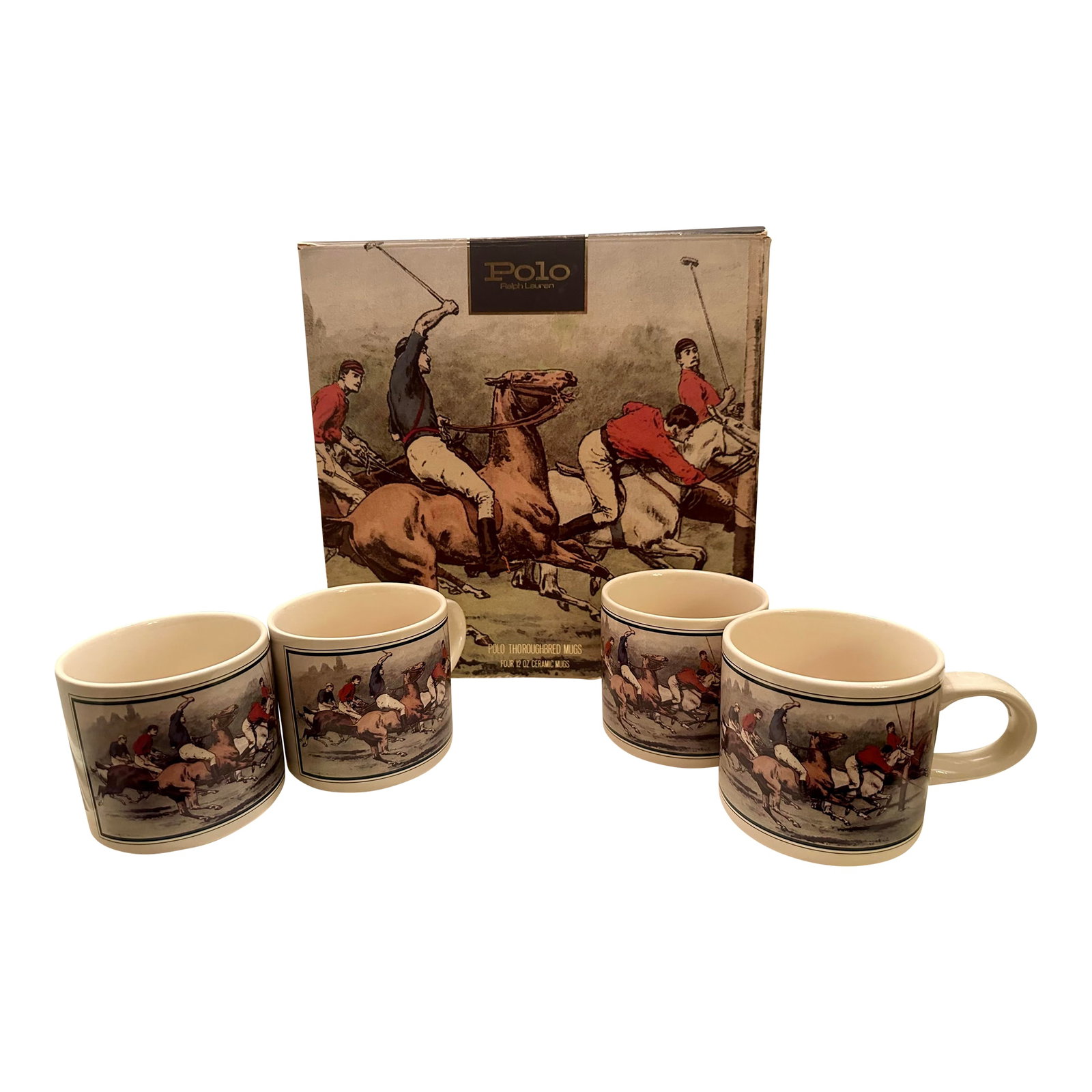 1970s Ralph Lauren Vintage Polo Players Thoroughbred Horse Ceramic Mugs: Set of 4 vintage equestrian mugs by Ralph Lauren. In original box and in very good condition - no fading chips or blemishes. Each mug holds 12 oz. Condition: Alterations: Original Condition Unaltered