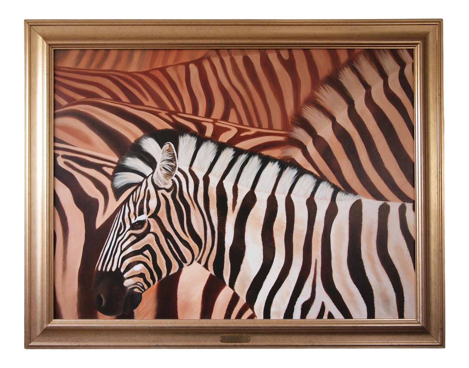 2006 Realist Style Zebra Portrait Oil Painting by Maggie Duvall, Framed: -Beautiful realist painting depicting a group of zebras by artist MAGGIE DUVALL, dated 2006. Oil paint on stretched canvas, mounted in a contemporary antique-style gilt wood frame with speckled