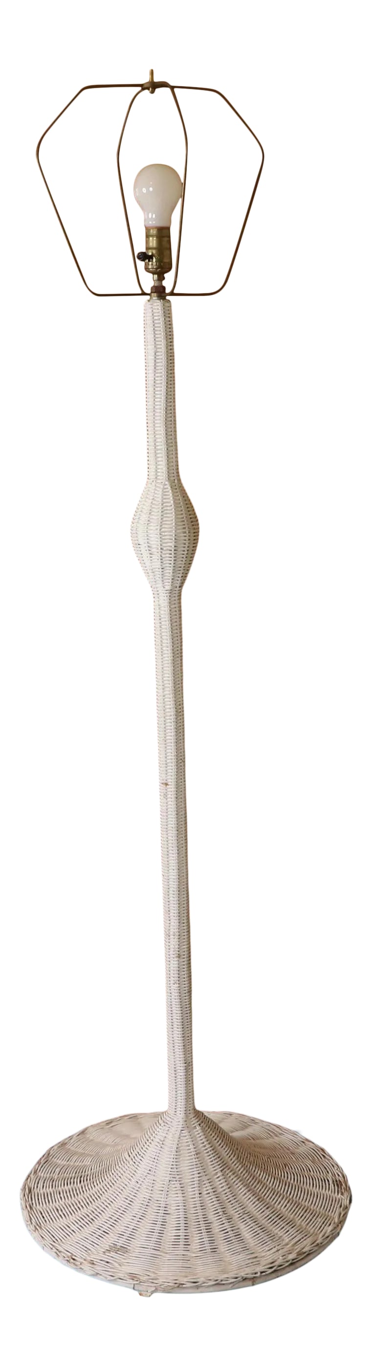 Vintage 1970s Mid Century Modern Tall Light White Rattan Wicker Floor Lamp: Vintage 70s Mid Century Modern Tall Rattan Wicker Floor Lamp Light White Floor lamp Has some wear and paint coming off on the wicker. Tested and working, no lightbulb included. No lampshade included.