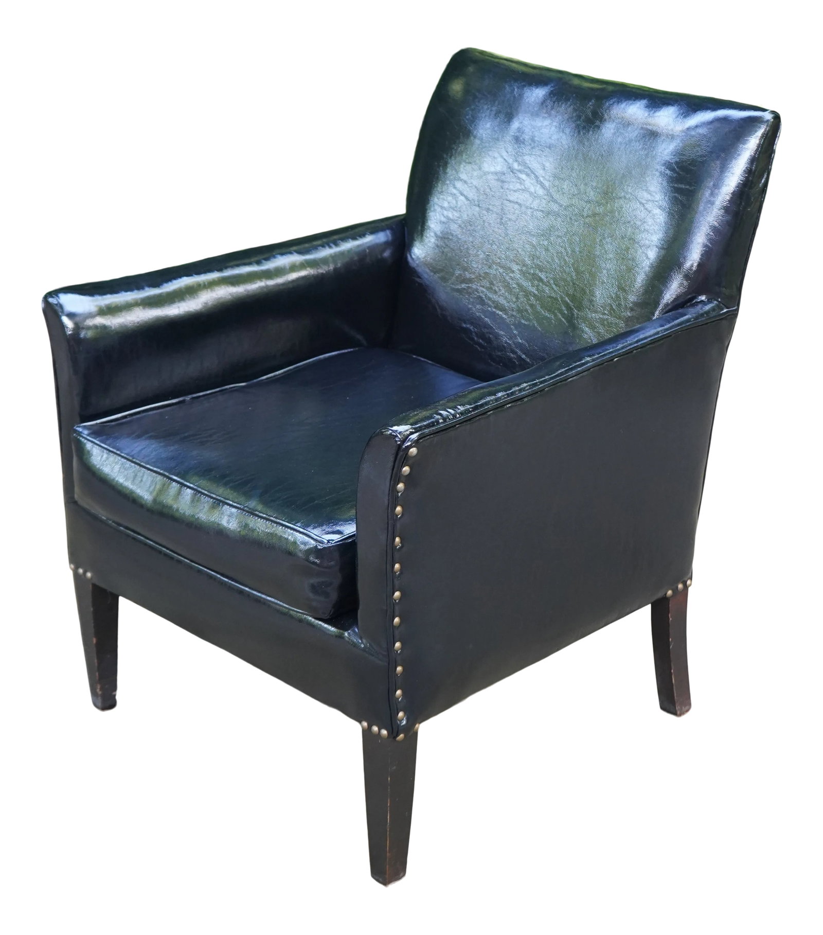 1970s Vintage Black Patent Leather Club Chair: Vintage black patent leather armchair with grommets detail, gives off a restrained glam rock vibe. Photos do not do it justice. Condition report: This is a vintage item, with patina and history. Some
