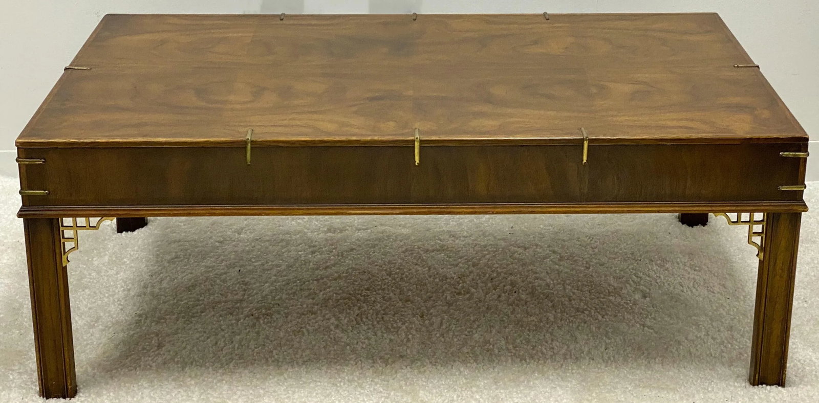 Drexel Heritage Burl Walnut & Brass Chippendale Style Coffee Table - 4