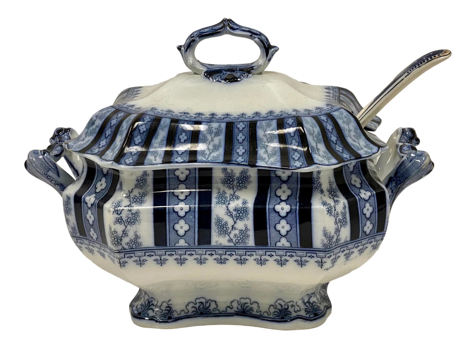 19th-C. English Staffordshire Cauldon Blue & White Tureen Set: This is a late 19th century English Cauldon blue and white tureen and ladle. It is marked. Condition: Alterations: Original Condition Unaltered Imperfections: Some Imperfections Condition Notes: Lite