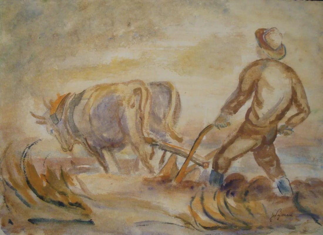 1940s Watercolor Painting Farm Landscape Wpa Style: Unusual watercolor piece depicting a farm worker in soft natural earth-tones with a plow pulled by an oxen team tilling the field. Circa 1930-1940s in the style of many WPA (Workers Progress