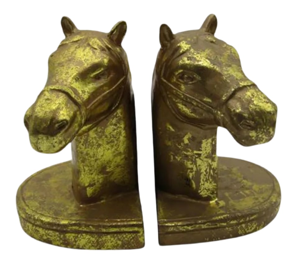 Vintage Equestrian Horse Head Bookends - a Pair: A fantastic Pair of Equestrian Horse Head Bookends. Each measuring: 6 x 5 x 4. In excellent condition. Welcome to Solid Gold Velvet Interiors! We are so happy to have you. We are a small curated shop