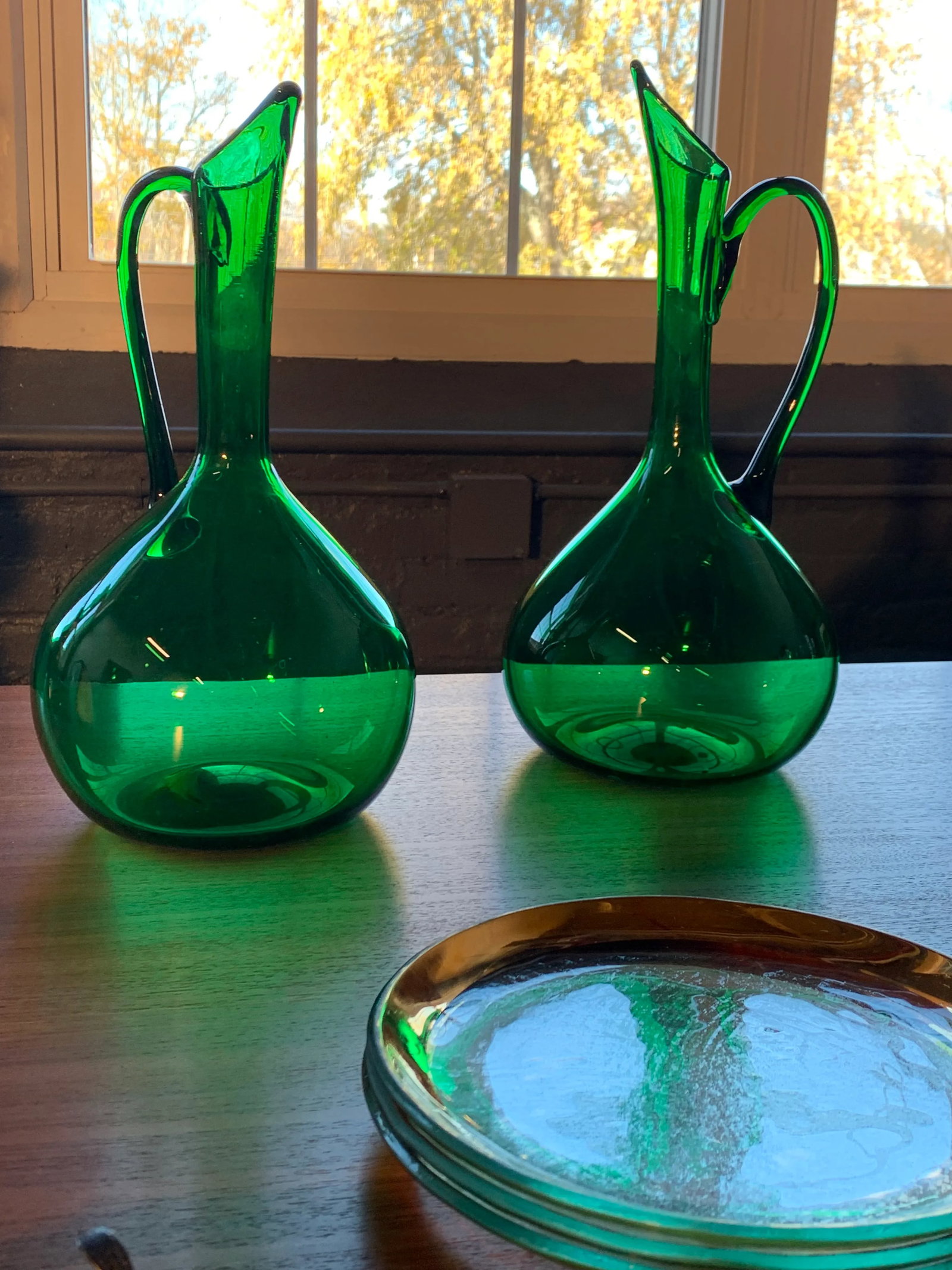 1940s Empoli Verde Mid-Century Italian Glass Pitchers Vases or Ewers - a Pair - 2