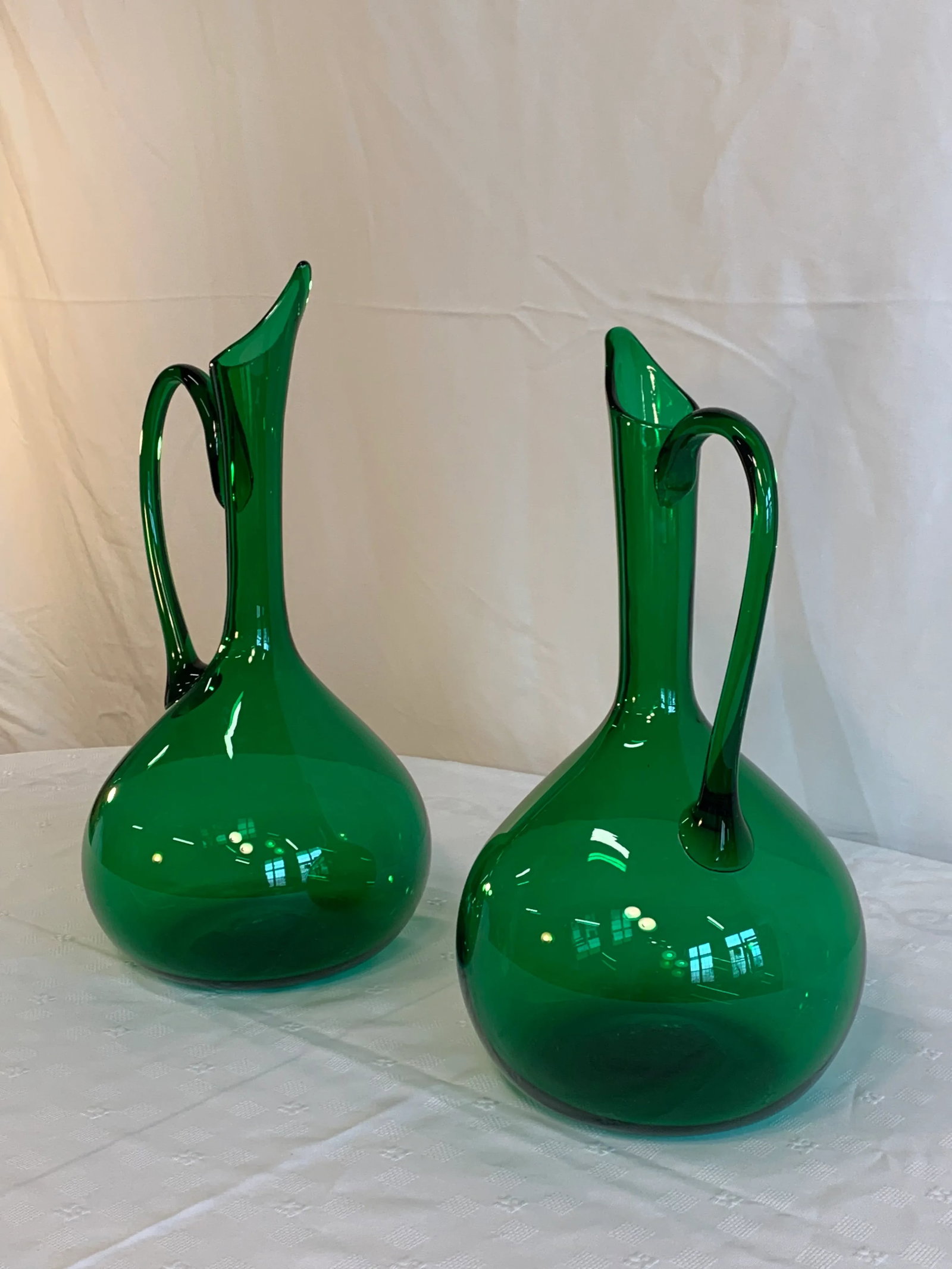 1940s Empoli Verde Mid-Century Italian Glass Pitchers Vases or Ewers - a Pair - 3