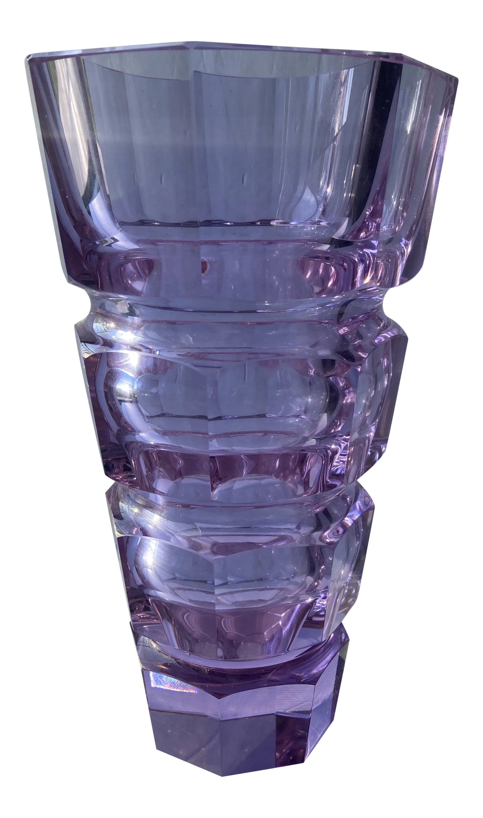 1990s Alexandrite Moser Large Glass Vase: This is a great Bohemian glass vase in Art Deco style in a rare alexandrite glass, that changes light according the light exposed . From lavender/ light purple to light green/olive as shown in