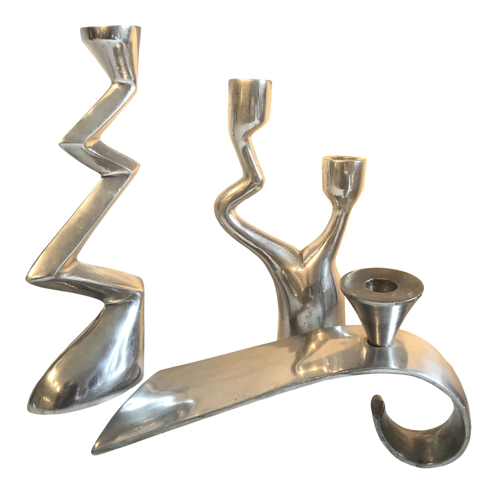 Matthew Hilton Aluminum Zig Zag and Wave Candlesticks - Set of 3: Rare set of aluminum candlesticks from the 80's by Matthew Hilton Condition: Alterations: Original Condition Unaltered Imperfections: Some Imperfections Condition Notes: Vintage condition with usual