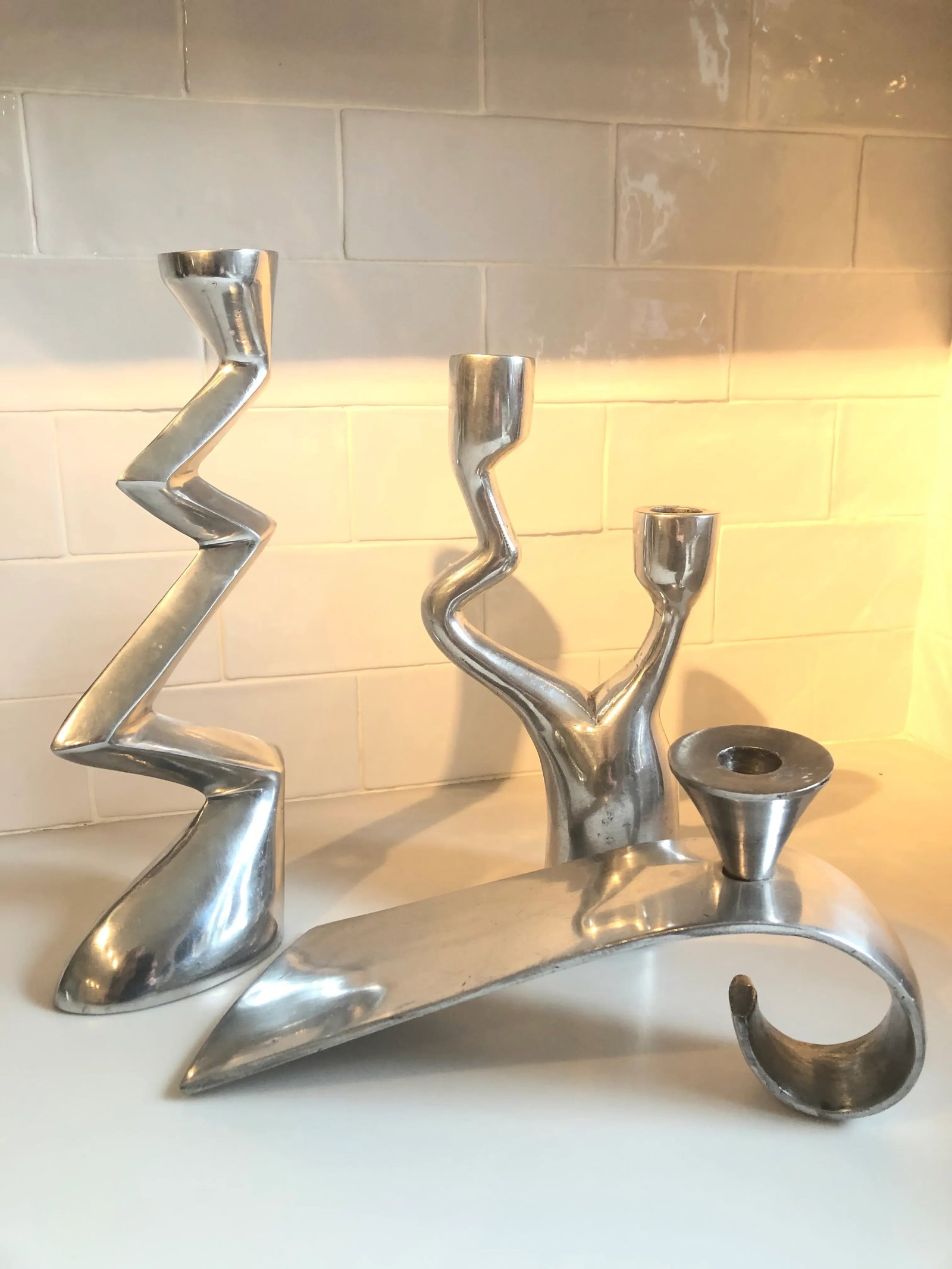 Matthew Hilton Aluminum Zig Zag and Wave Candlesticks - Set of 3 - 4