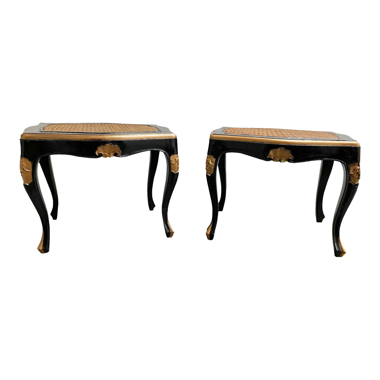 Black Lacquer Cane Gilded Louis XV Stools - a Pair (1 of 7)