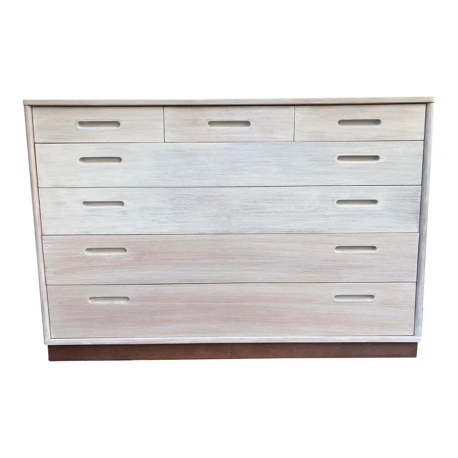 Rustic Modern Whitewashed Dresser Attributed to Edward Wormley: 1960's Whitewashed 7 drawer dresser. This item dose not have a label but this is the iconic dresser designed by Edward Wormley for Dunbar. Condition: Alterations: Original Design Modified