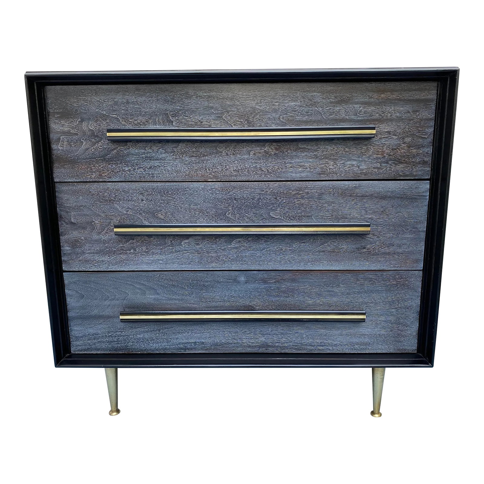 Mid-Century Modern Cerused Finish Dresser Attributed to t.h. Robsjohn-Gibbings: 1950's Black exterior dresser with 3 dark grey cerused finish drawers Ebonized walnut pulls with inlaid brass accent. Solid brass legs. Very solidly made and heavy in weight. This piece does not have 