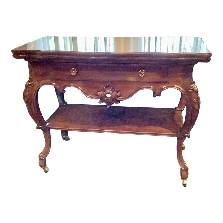 1980s Karges Louis XV French Provincial Style Flip Top Walnut Server: Walnut Flip-Top Server: In perfect condition, with carvings on the apron and legs. It has one drawer that is felt-lined and it has one shelf. It is on casters for easy moving and positioning for
