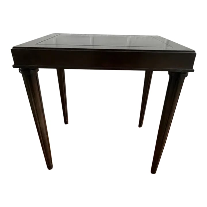 Hickory Chair Espresso Finish Walnut End Table: Hickory Chair rectangular walnut side table table with a custom height of 24". Espresso finish with maple frame and inset. The grain direction runs parallel with the longest side of the table.