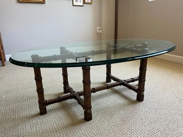 1970s Drexel Heritage Faux Bamboo Oval Glass Coffee Table - 10