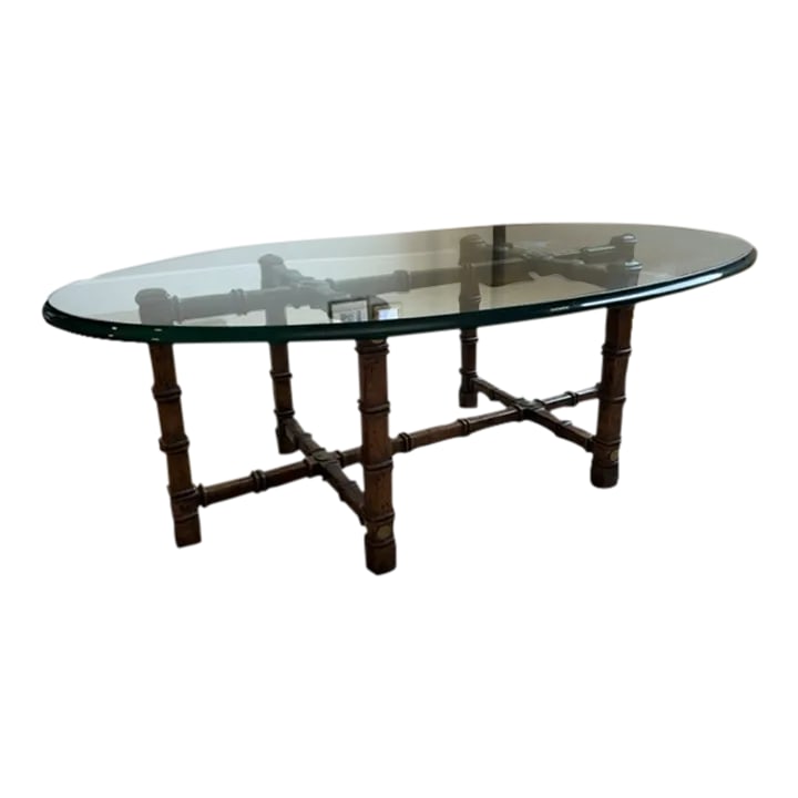 1970s Drexel Heritage Faux Bamboo Oval Glass Coffee Table (1 of 10)