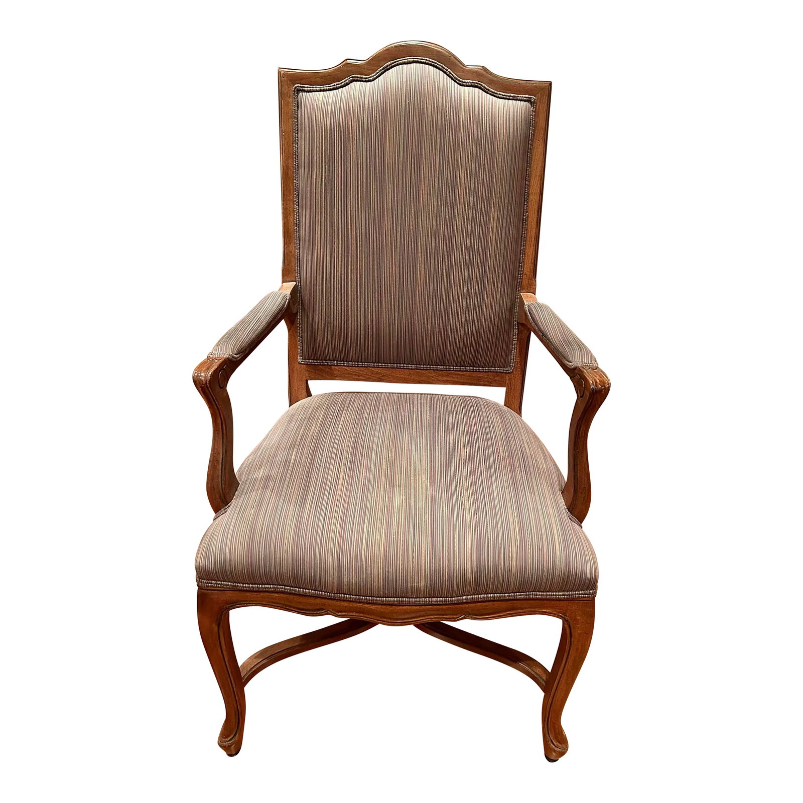 Ethan Allen French Country Dining Accent Arm Chair: Beautiful hand carved Ethan Allen French country upholstered arm chair. Stunning contrast between fabric and clean-lined wood frame. This Ethan Allen chair was made with exceptional craftsmanship. Cra