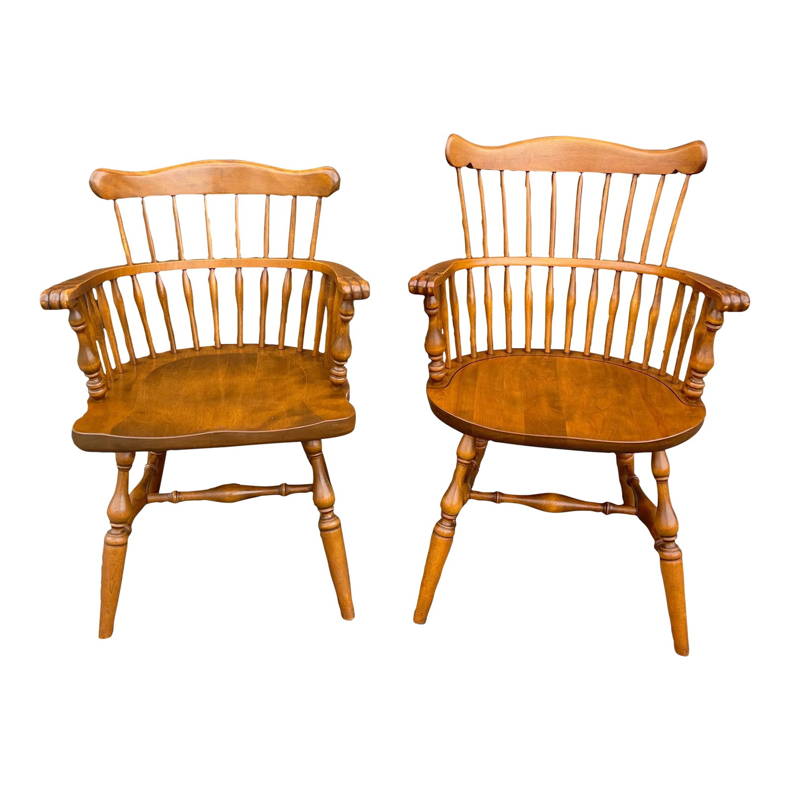 Ethan Allen Heirloom Nutmeg Maple Philadelphia Windsor Dining Armchairs - a Pair: An assembled pair of Ethan Allen Heirloom collection solid maple Philadelphia Windsor style dining armchairs. Nutmeg finish. The height of the back and shape of the seat are slightly different. Circa