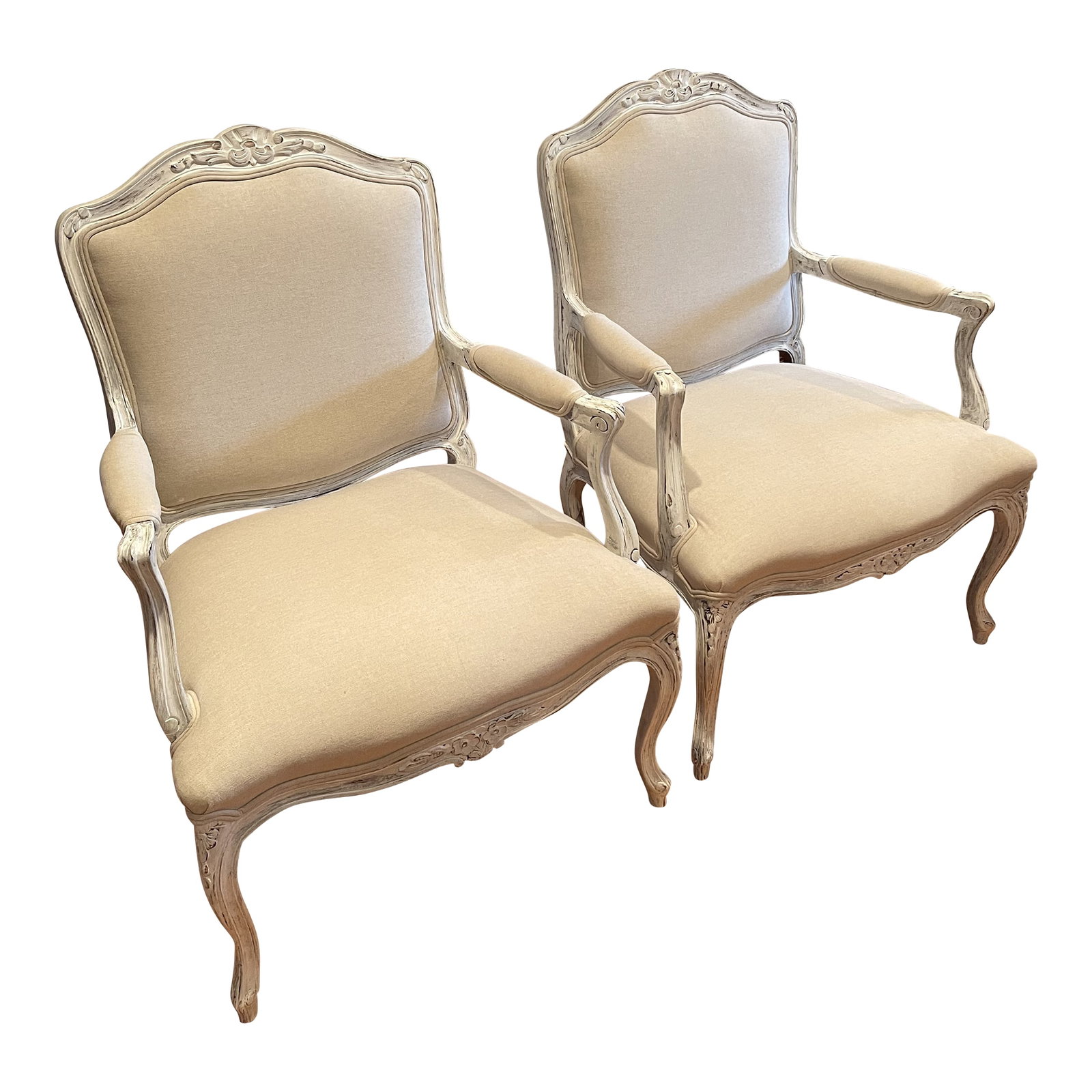 Louis XV Style Whitewashed and Upholstered Chairs in Belgian Linen - A Pair, 20th Century (1 of 7)