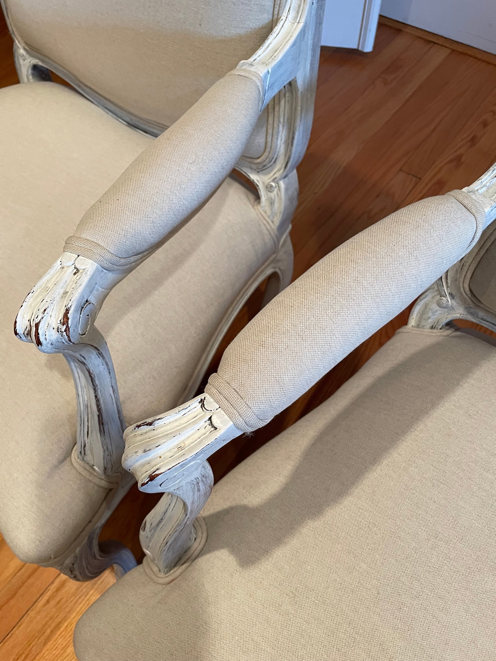 Louis XV Style Whitewashed and Upholstered Chairs in Belgian Linen - A Pair, 20th Century - 2