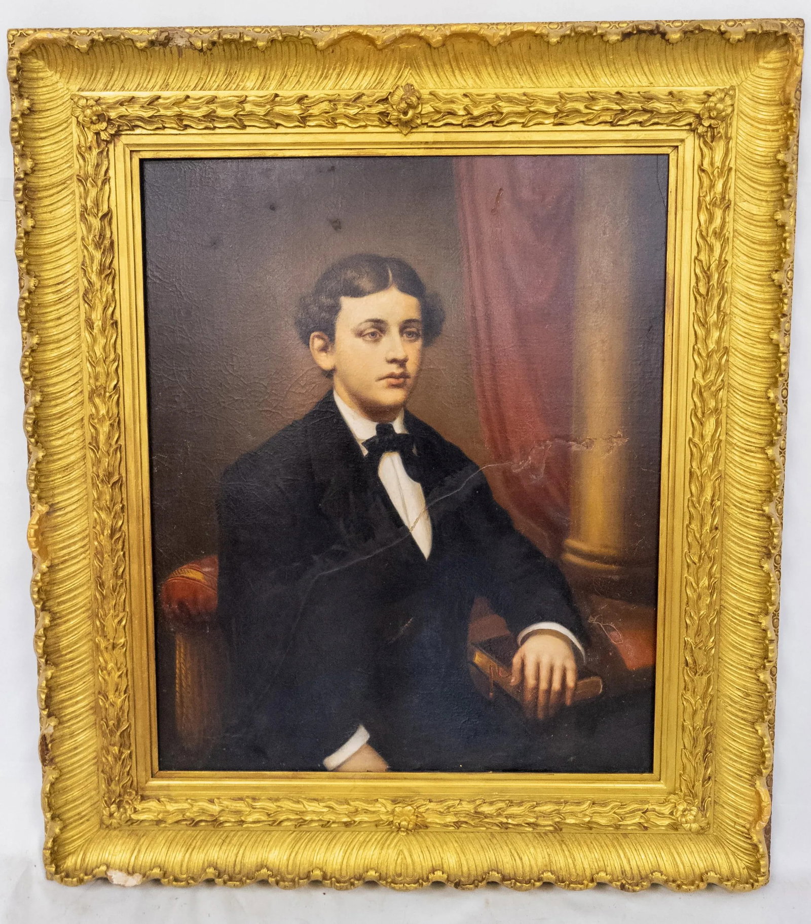 19th Century American School Portrait Painting of a Boy in Gold Frame - 11