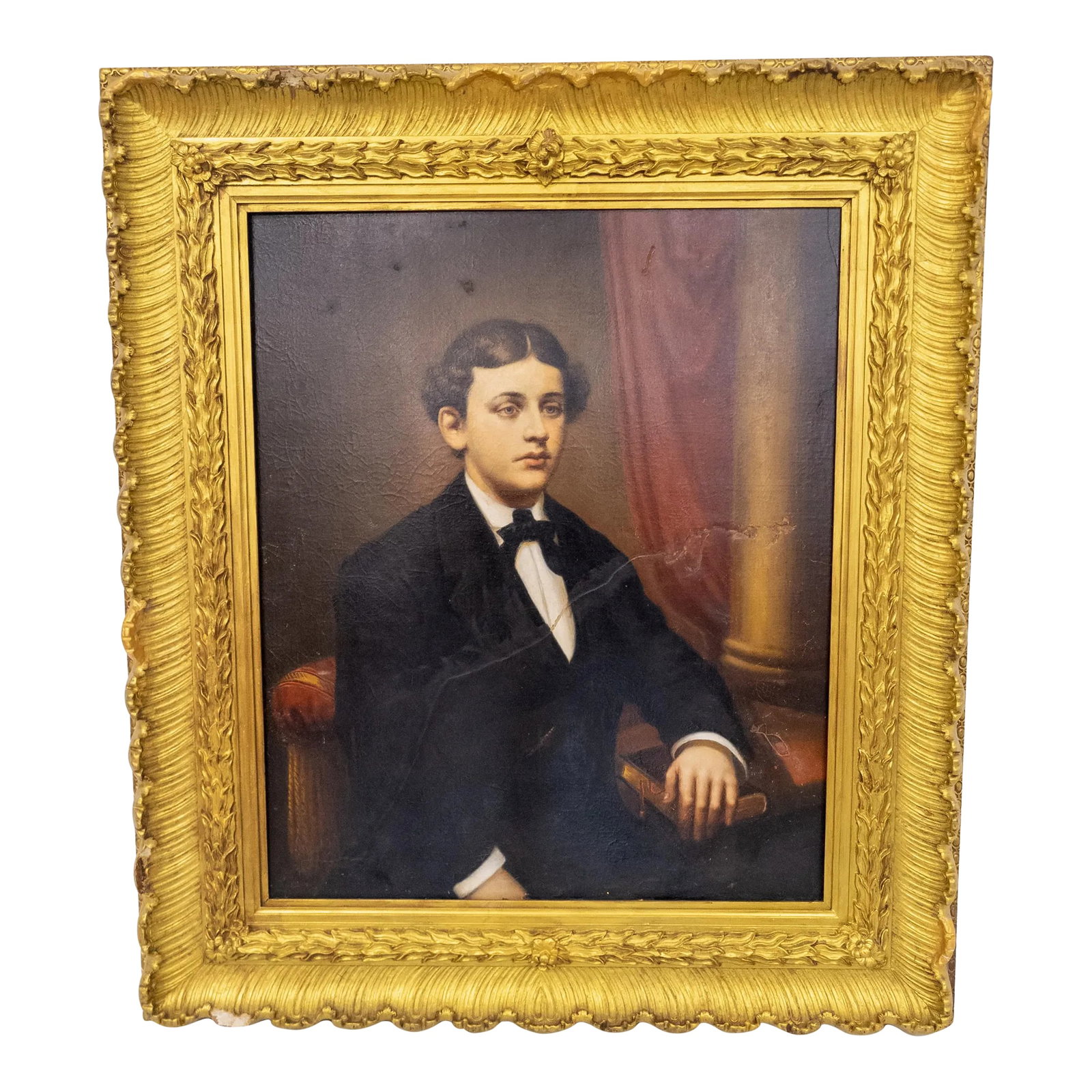 19th Century American School Portrait Painting of a Boy in Gold Frame: We are selling this 19th century portrait of a young boy. The English or American school portrait is very competently painted and has large signs of restoration. The frame is fabulous and has been