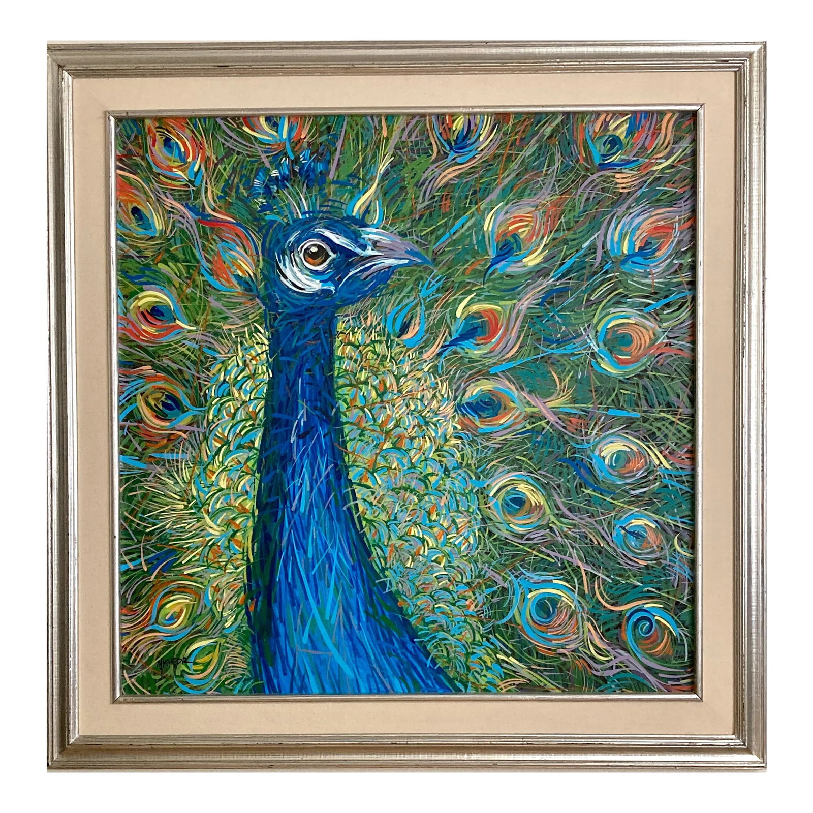 Peacock Framed Acrylic Painting by Egyptian Artist M.Khedr: This fine example of original abstract impressionism is a magnificent acrylic painting by the renowned Egyptian artist, Mohamed Khedr. Peacock is a brilliant explosion of color and an expression of