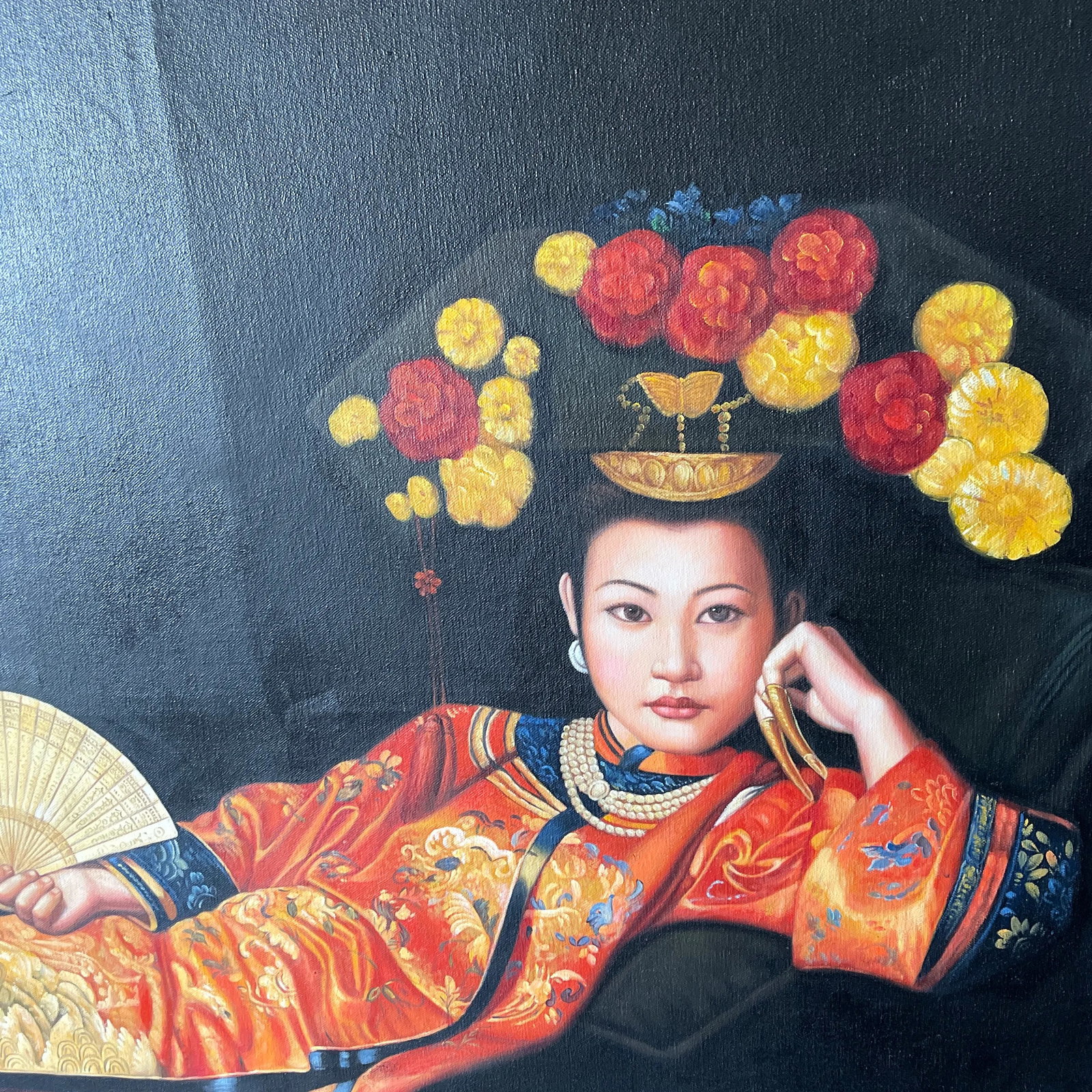 Late 20th Century Portrait Oil Painting of a Reclining Asian Woman with Fan - 2