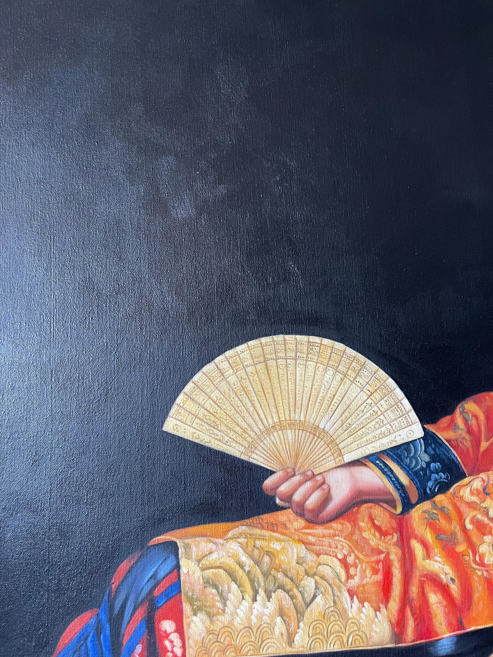 Late 20th Century Portrait Oil Painting of a Reclining Asian Woman with Fan - 5