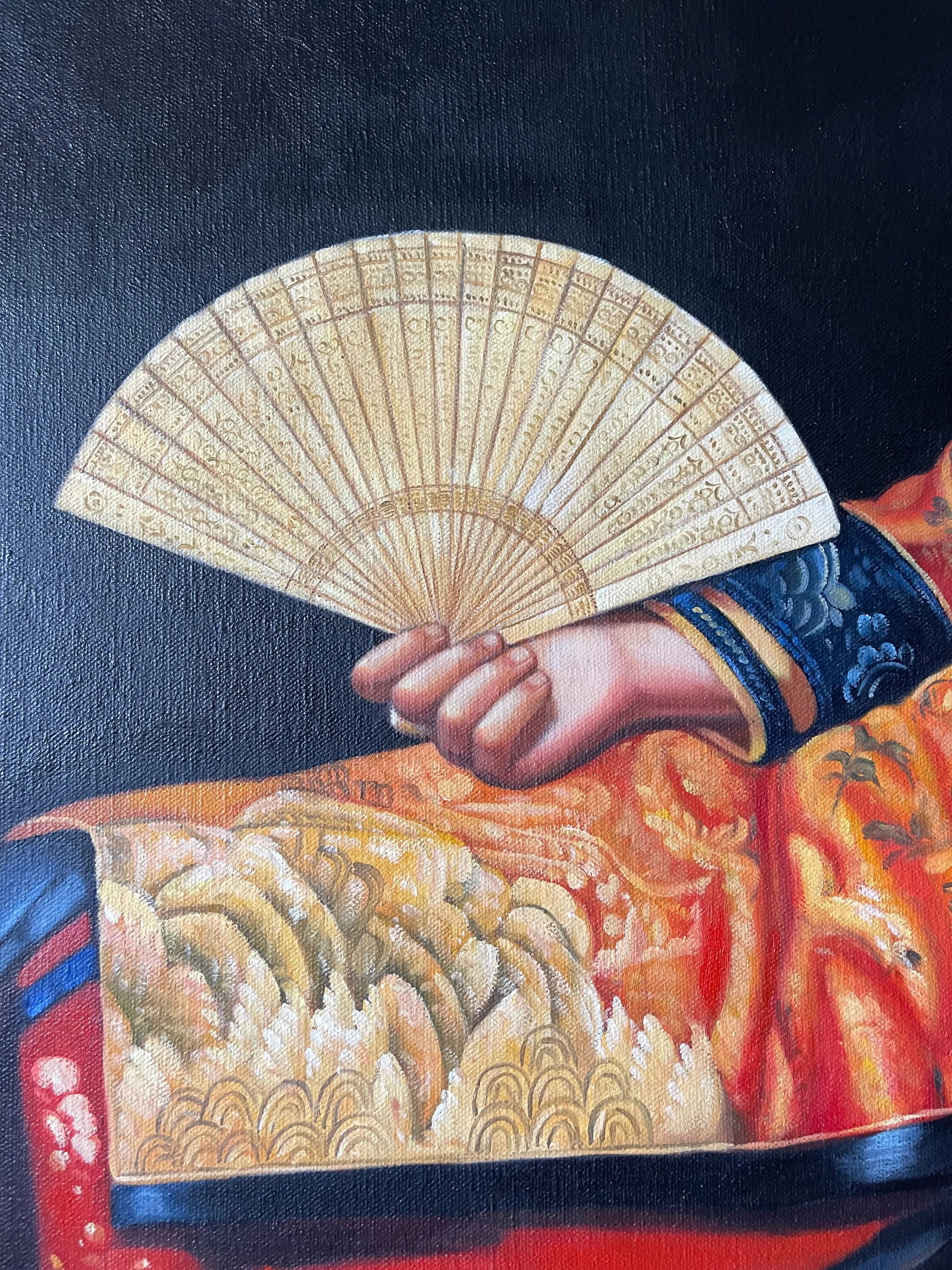 Late 20th Century Portrait Oil Painting of a Reclining Asian Woman with Fan - 6