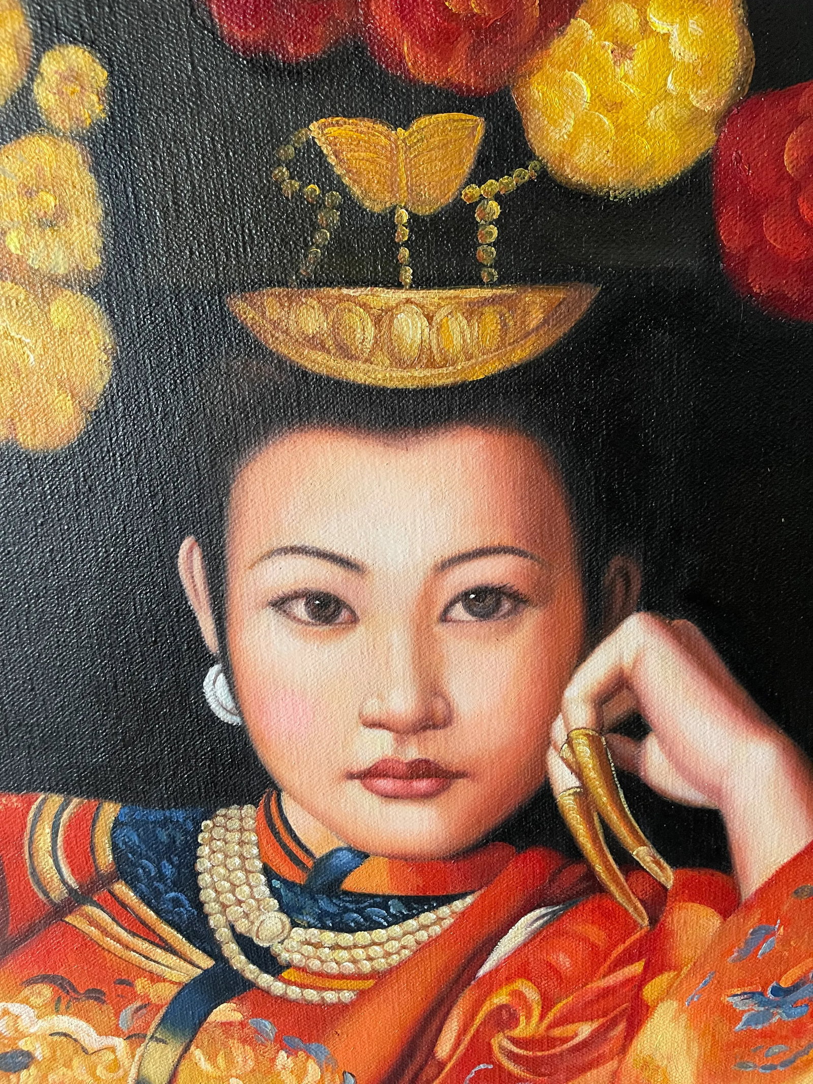 Late 20th Century Portrait Oil Painting of a Reclining Asian Woman with Fan - 7