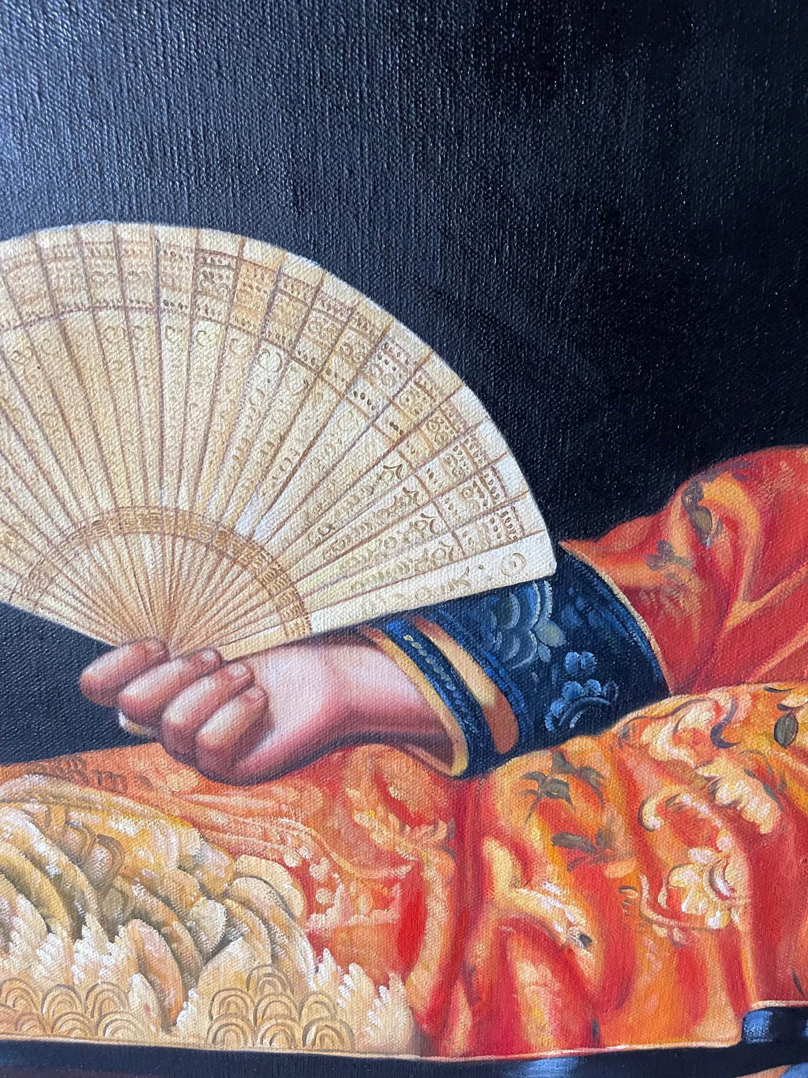 Late 20th Century Portrait Oil Painting of a Reclining Asian Woman with Fan - 8