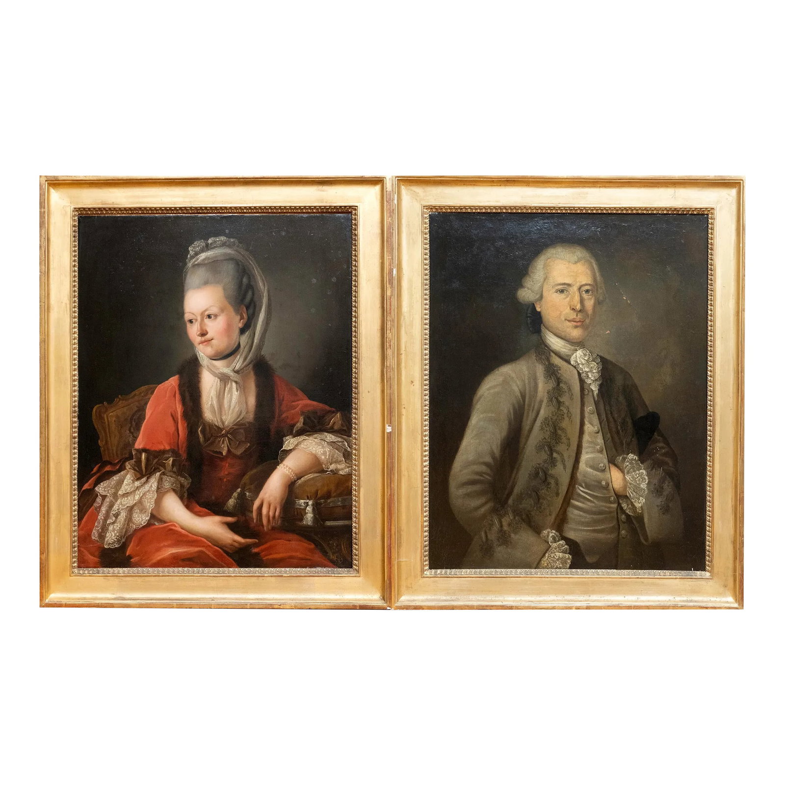 Antique Portrait Oil Paintings by French Artist Jean Girardet, Framed - Set of 2: Two XVIII century paintings by french painter Jean Girardet (1709-1778). Girardet was born in Luneville, and initially tried a number of fields including as a seminarian, a law student, and a cavalry 