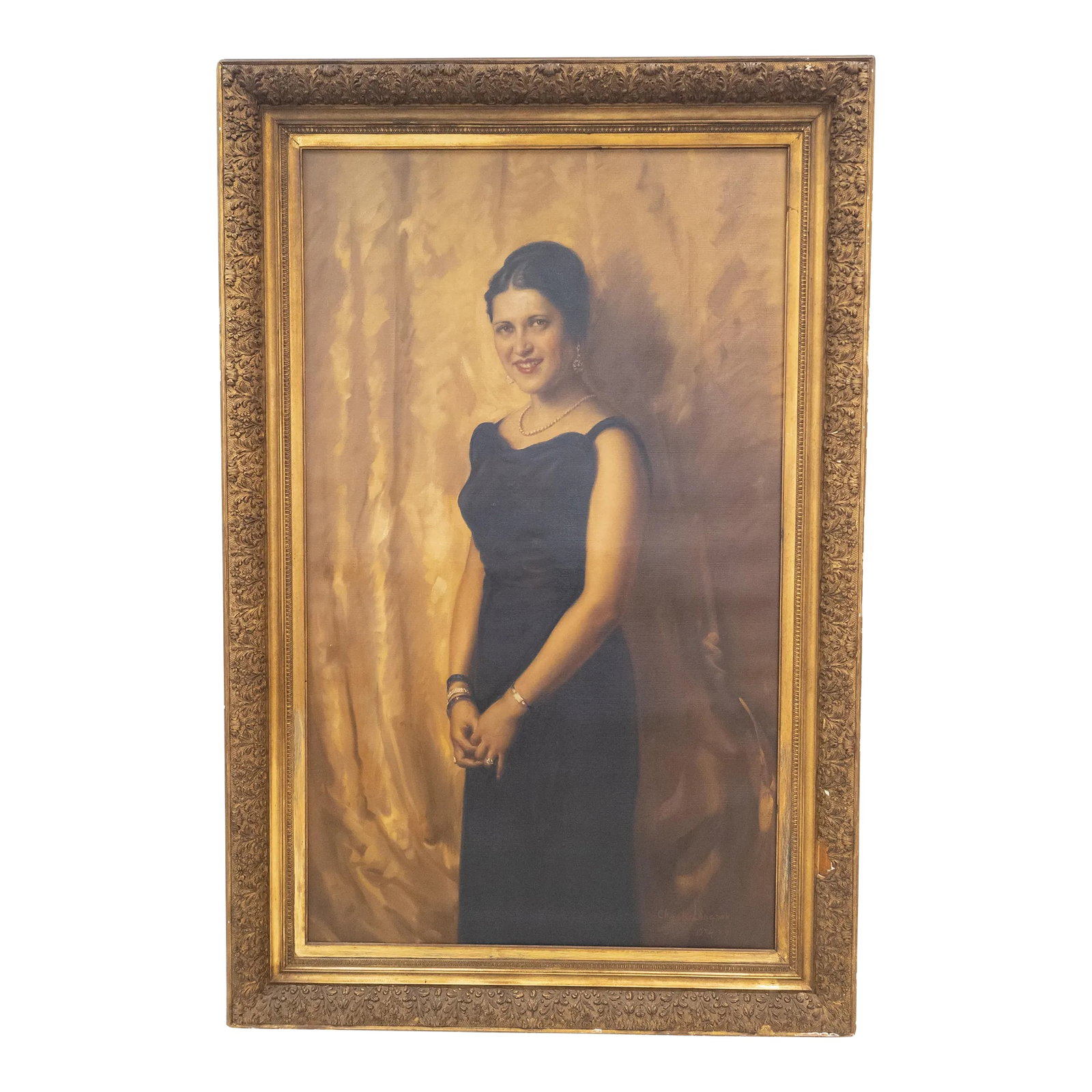 Large 1930's Full Length Portrait Painting of a Lady, Signed, Brown University Label: We are selling this very large realist portrait. This elegant lady is painted in full length in black dress and the painting is signed Charles K. Langdon and dated 1934 NYC in the lower right. The