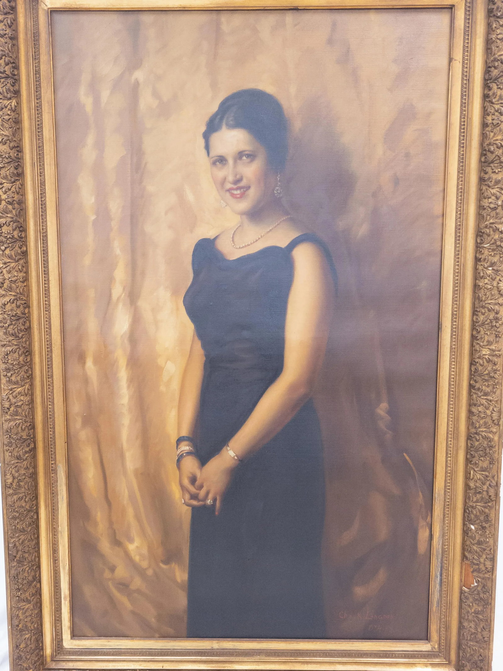 Large 1930's Full Length Portrait Painting of a Lady, Signed, Brown University Label - 2