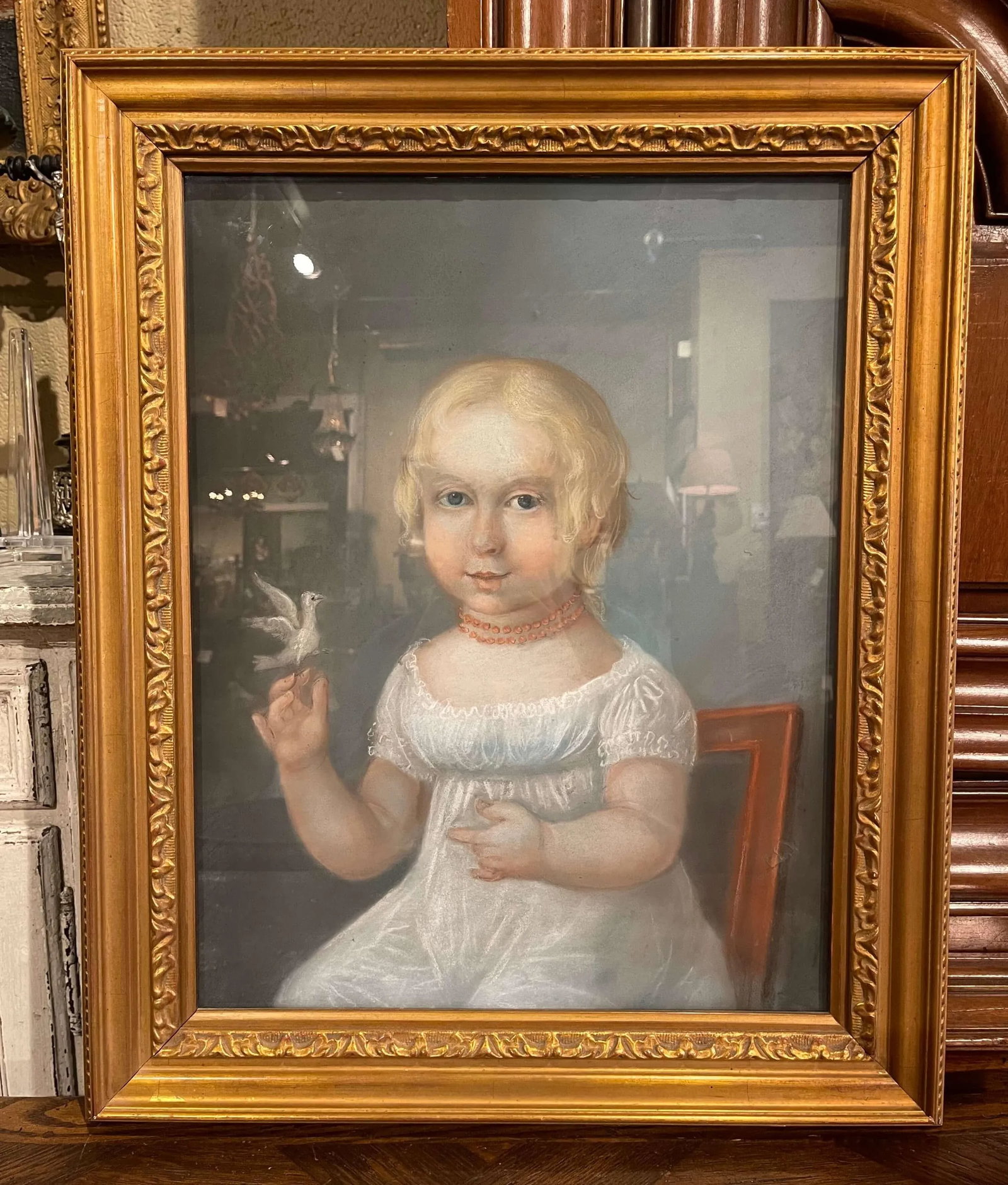 Late 19th Century French Young Girl With Bird Pastel Portrait in Gilt Frame - 10