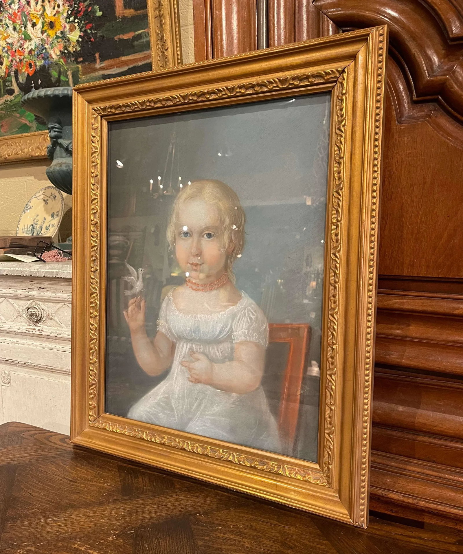 Late 19th Century French Young Girl With Bird Pastel Portrait in Gilt Frame - 2