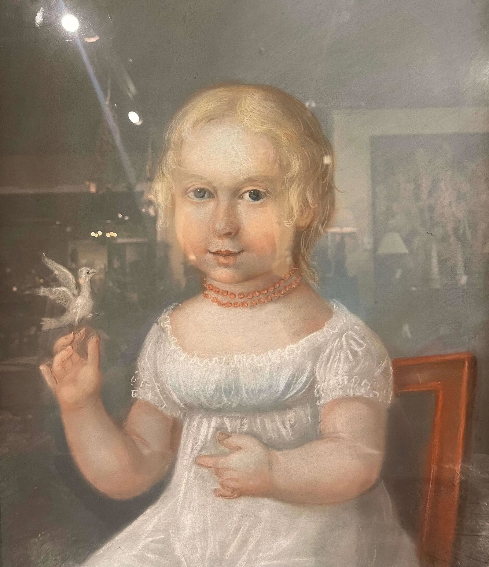 Late 19th Century French Young Girl With Bird Pastel Portrait in Gilt Frame - 3