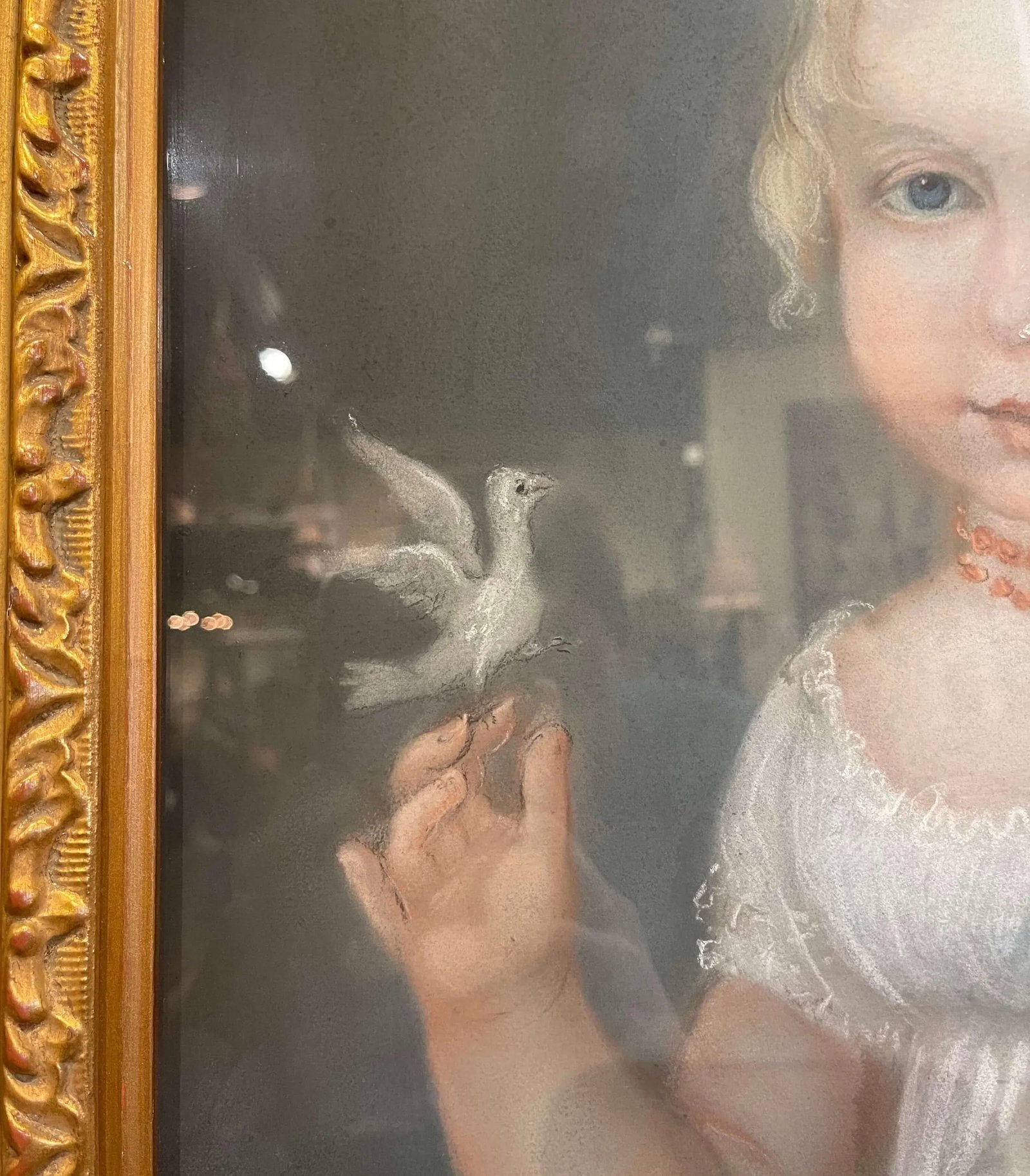 Late 19th Century French Young Girl With Bird Pastel Portrait in Gilt Frame - 4