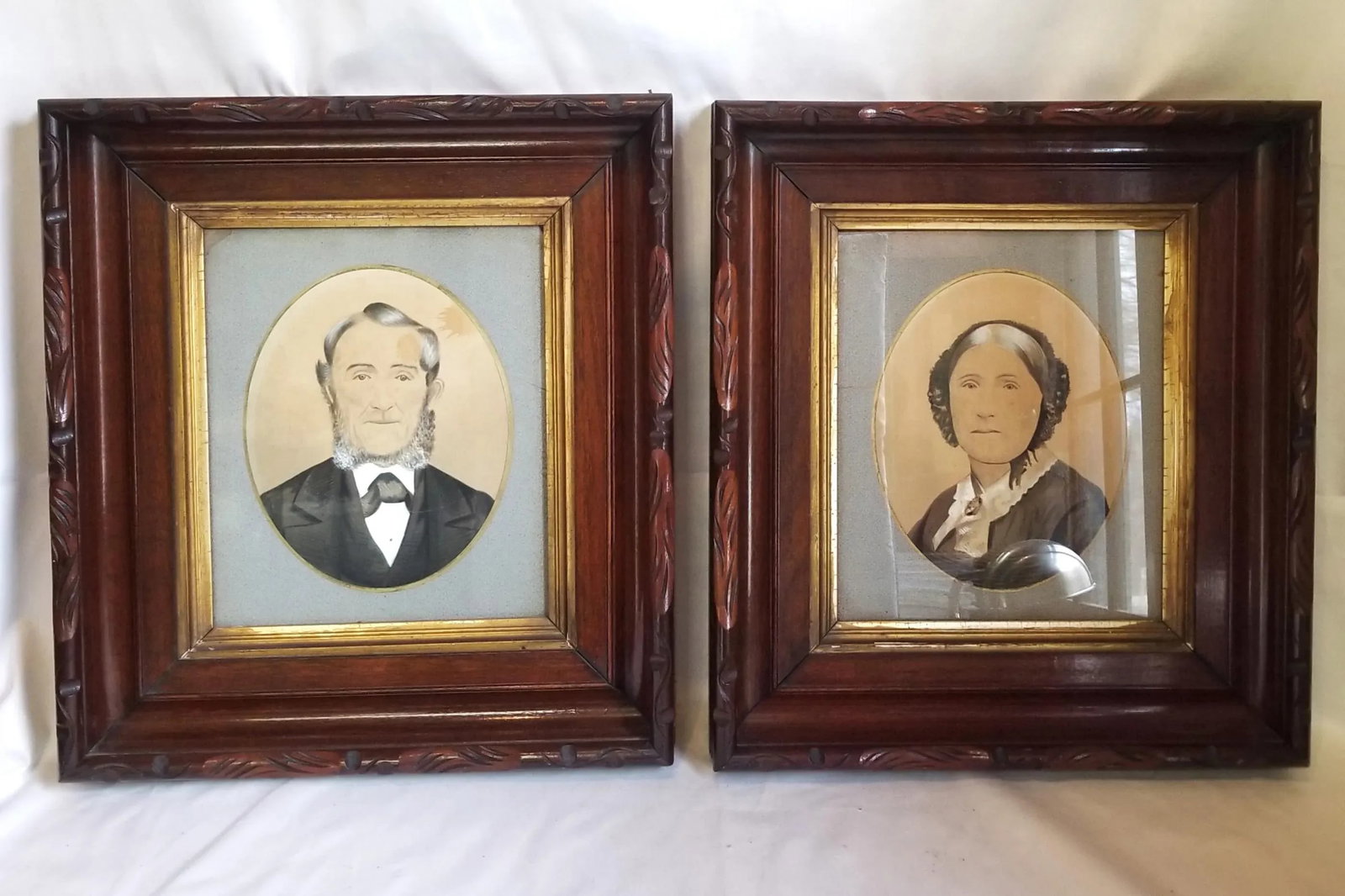 Late 19th Century Primitive Americana Portrait Paintings of a Man and Woman, Framed - Set of 2 - 11