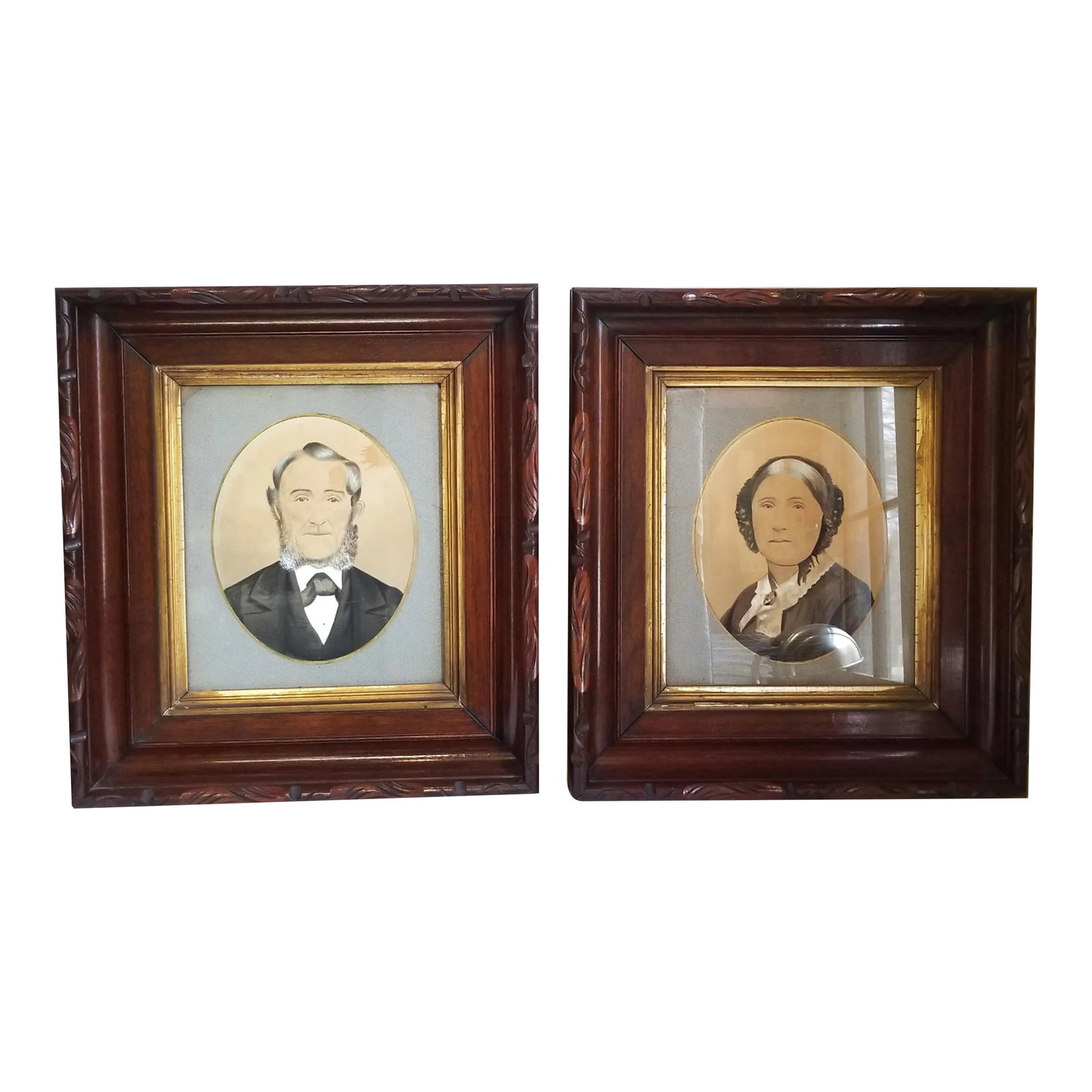 Late 19th Century Primitive Americana Portrait Paintings of a Man and Woman, Framed - Set of 2 (1 of 11)