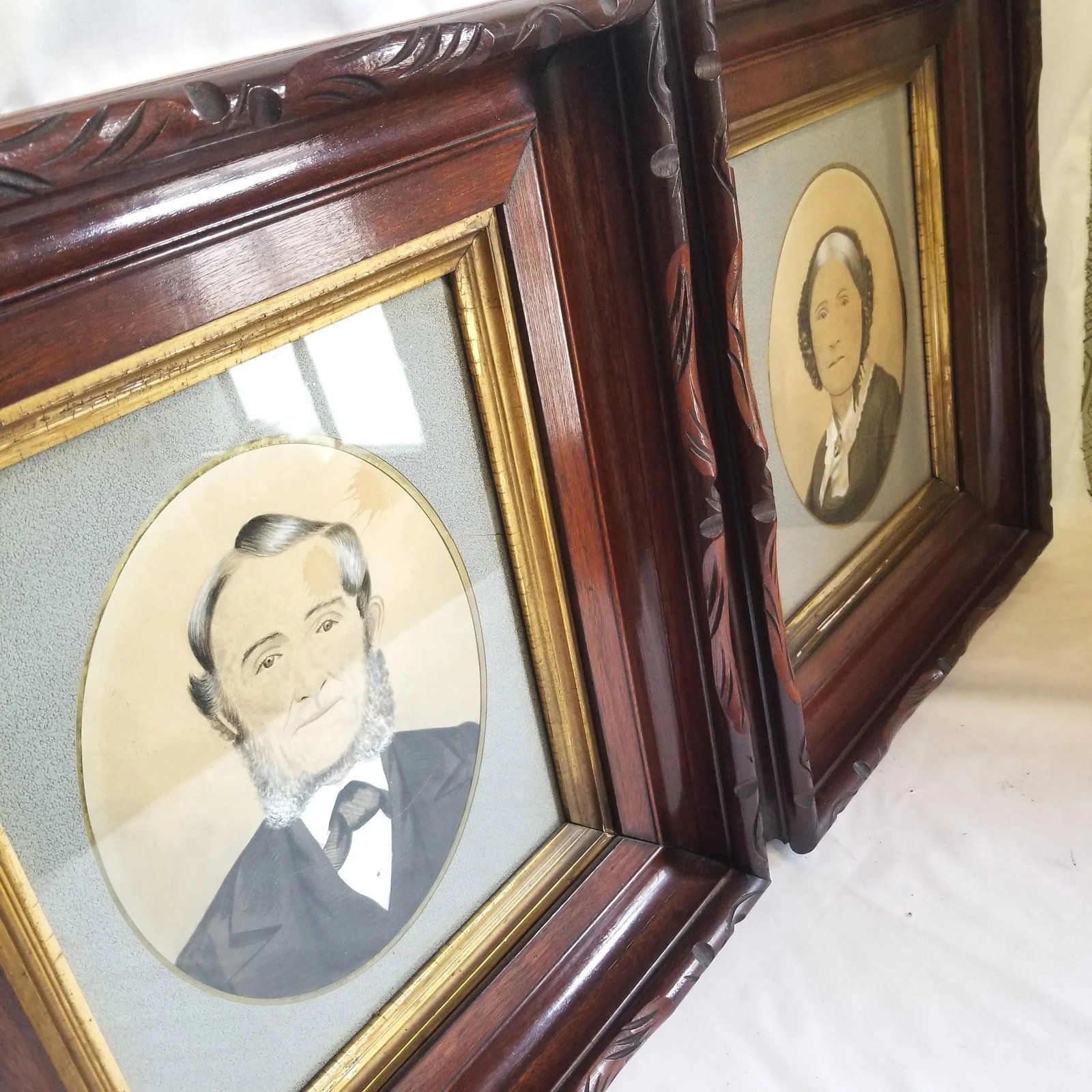 Late 19th Century Primitive Americana Portrait Paintings of a Man and Woman, Framed - Set of 2 - 2