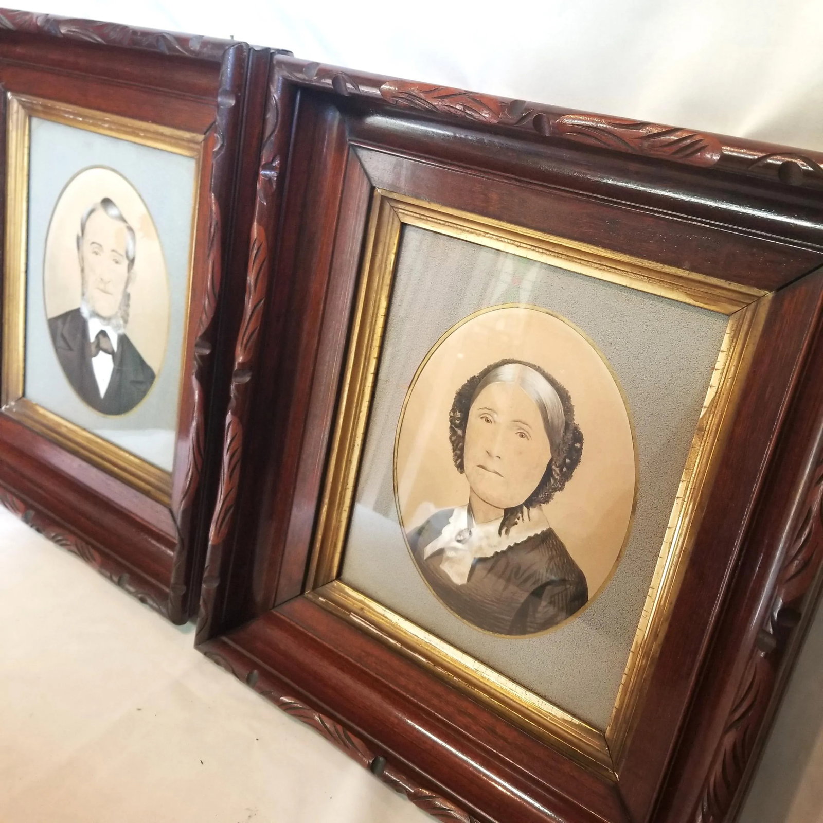 Late 19th Century Primitive Americana Portrait Paintings of a Man and Woman, Framed - Set of 2 - 3