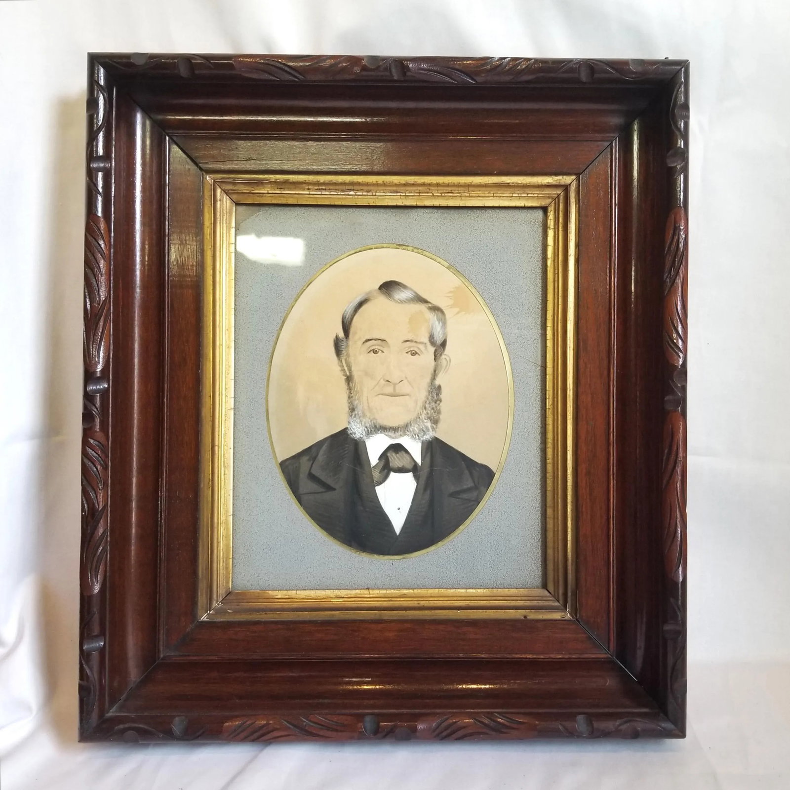 Late 19th Century Primitive Americana Portrait Paintings of a Man and Woman, Framed - Set of 2 - 8