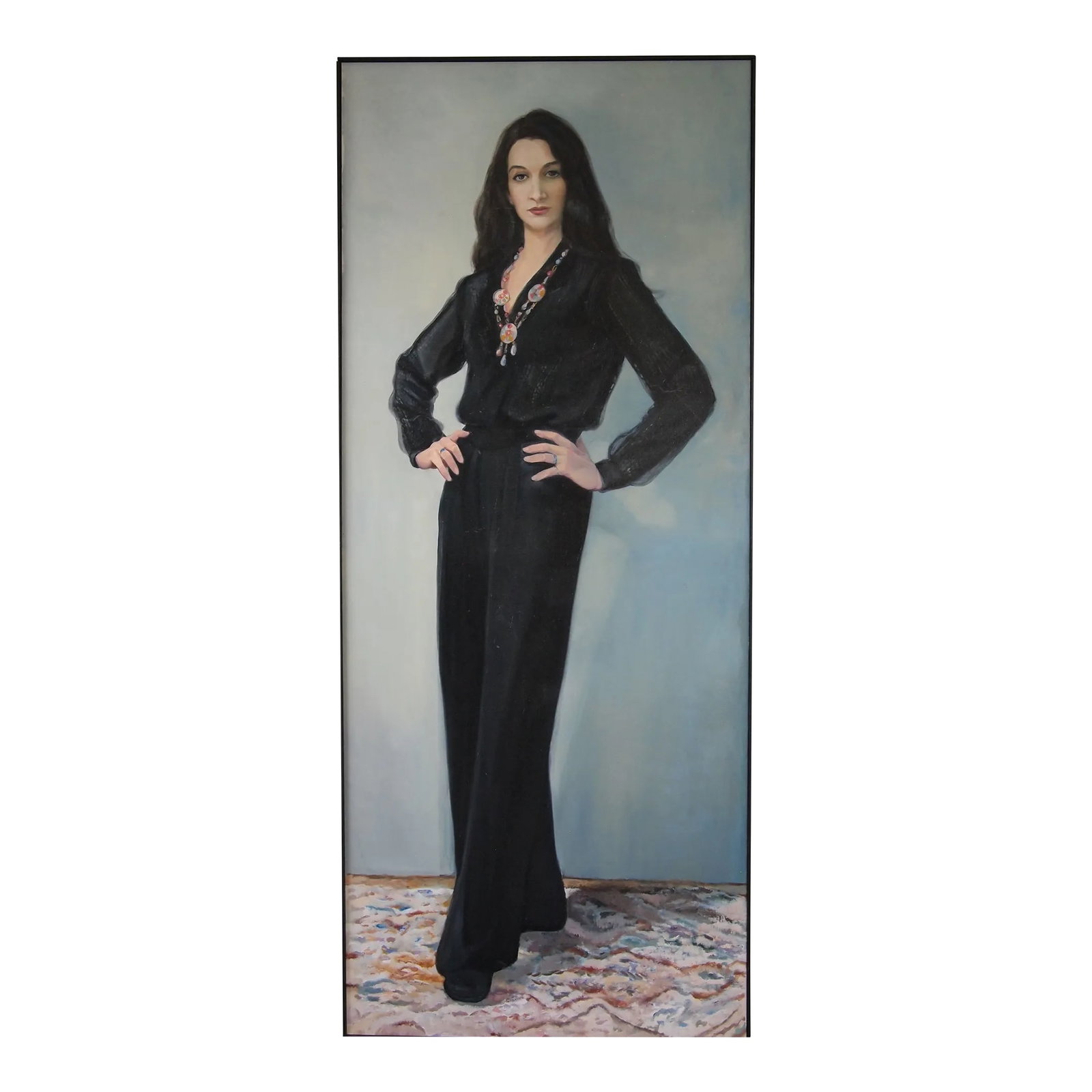Original Oil on Canvas Portrait Painting by Ben Marcune: -Original BEN MARCUNE Portrait PAINTING 71x30" Oil / Canvas Large Life-Sized Woman Dancer Black Hair Mid-Century Modern Art realism -Beautiful, large-scale (life-sized), realist painting by noted