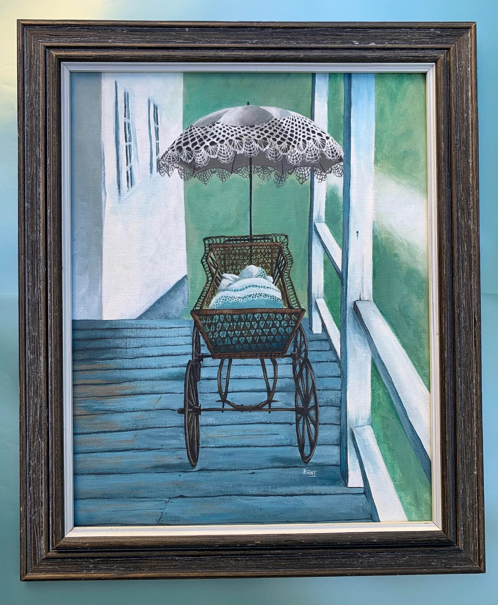 Vintage Painting of Wicker Carriage With Parasol, Framed - 13
