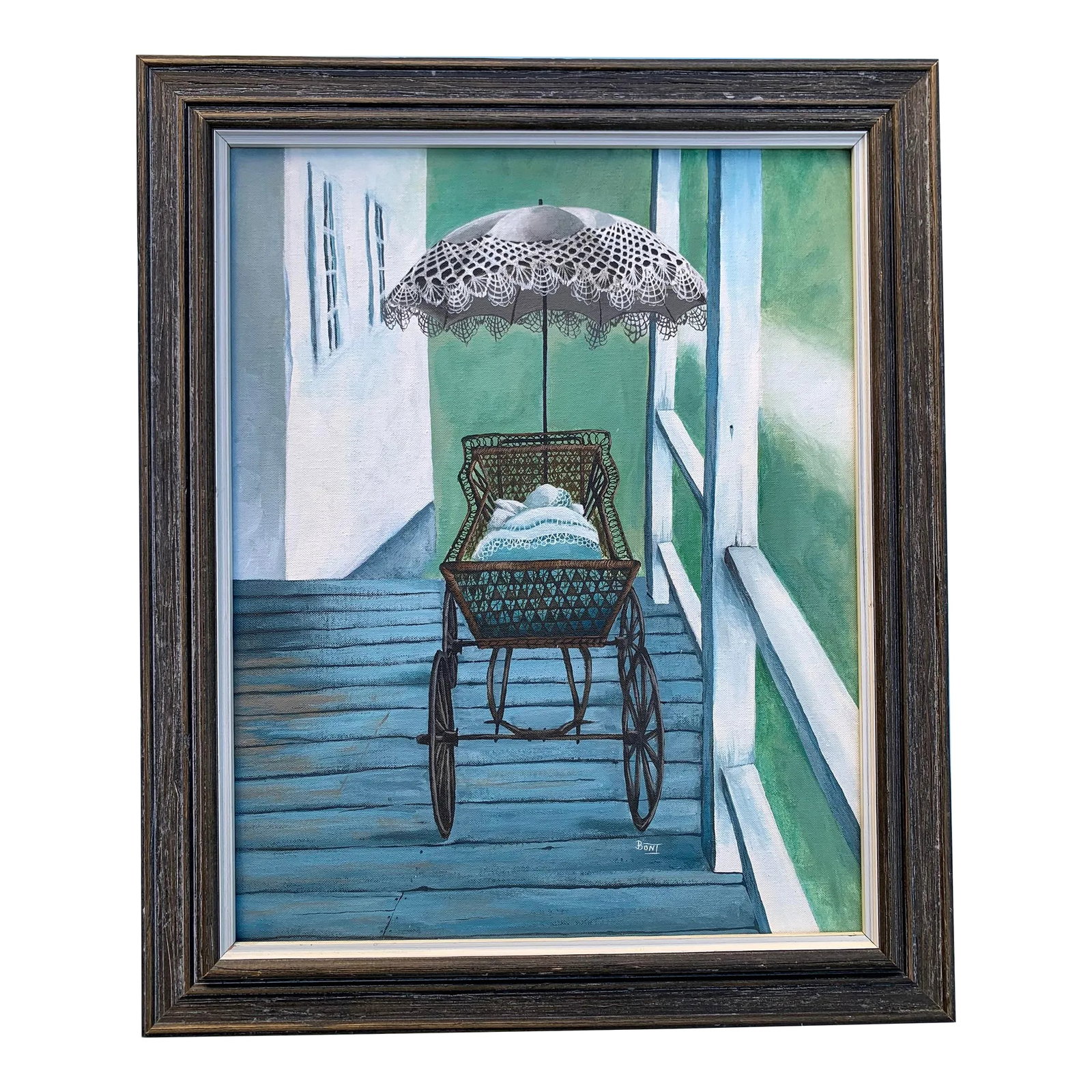 Vintage Painting of Wicker Carriage With Parasol, Framed (1 of 13)
