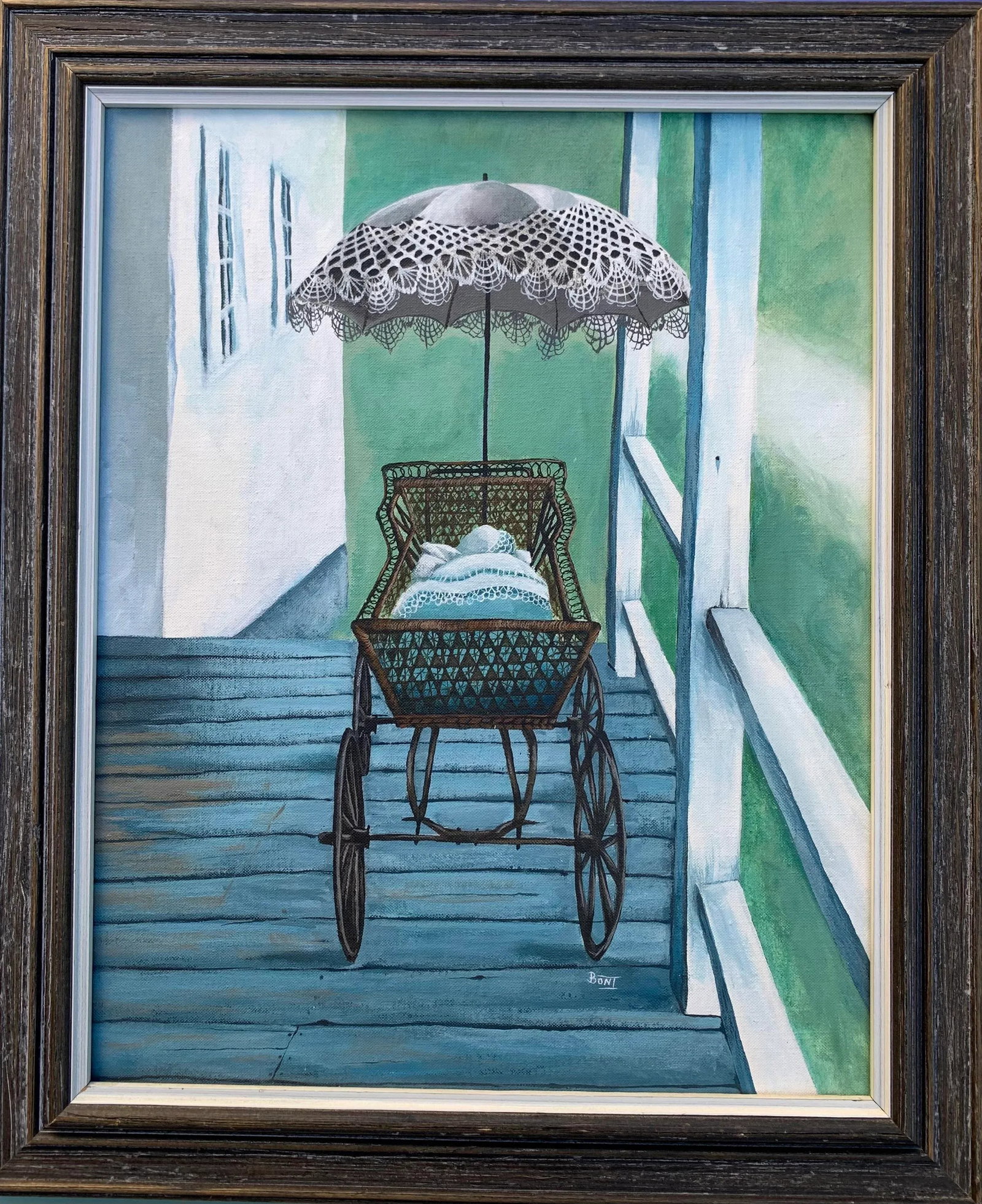 Vintage Painting of Wicker Carriage With Parasol, Framed - 2